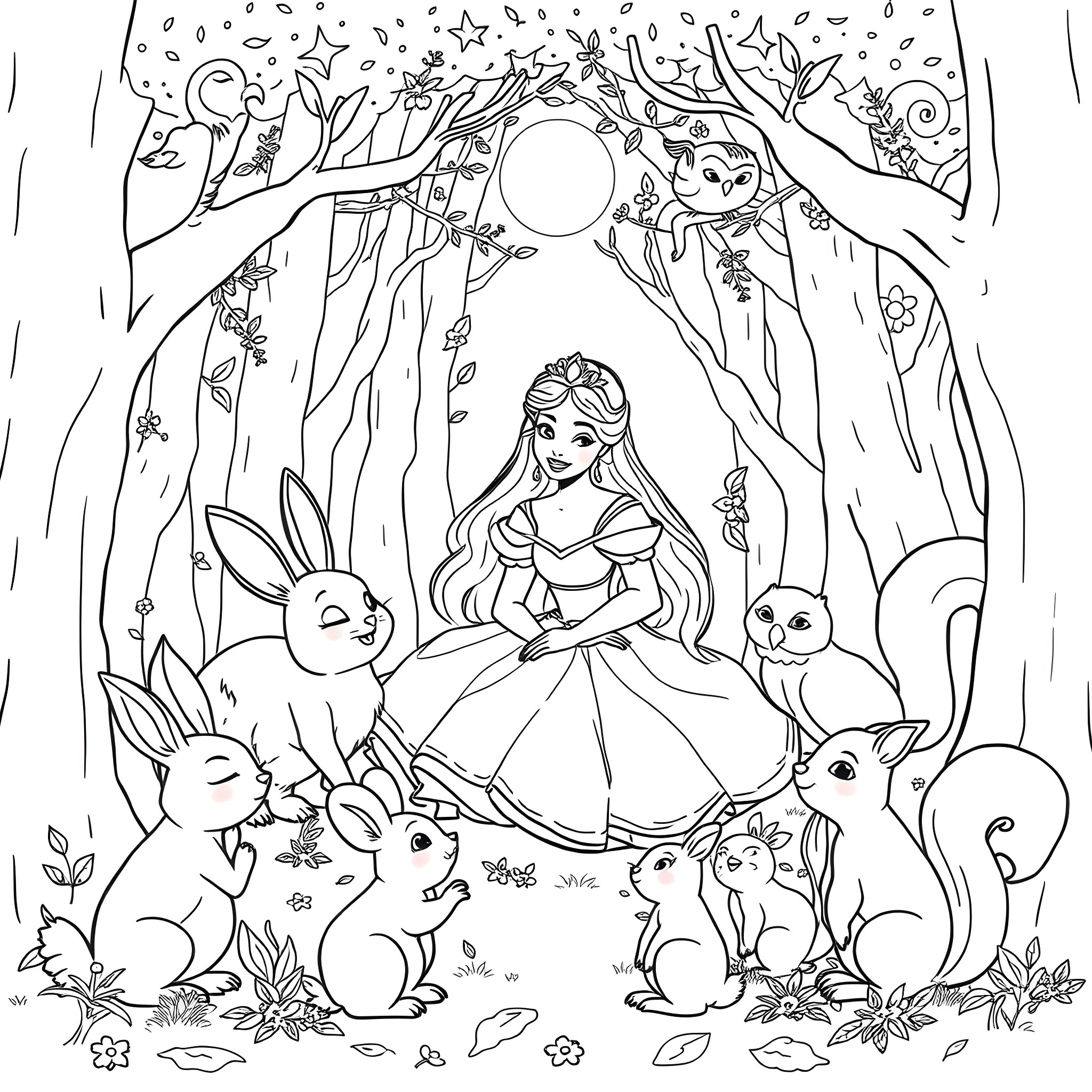Animal Princess and her Woodland Friends Coloring Page (free black-and-white line drawing printable PDF for all, from beginners to advanced learners, including children, teens, adults, and seniors)