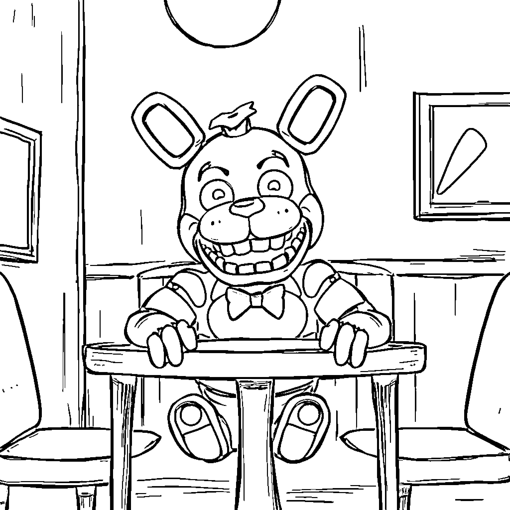 Springtrap peering over a desk with a mischievous expression Coloring Page (free black-and-white line drawing printable PDF for all, from beginners to advanced learners, including children, teens, adults, and seniors)