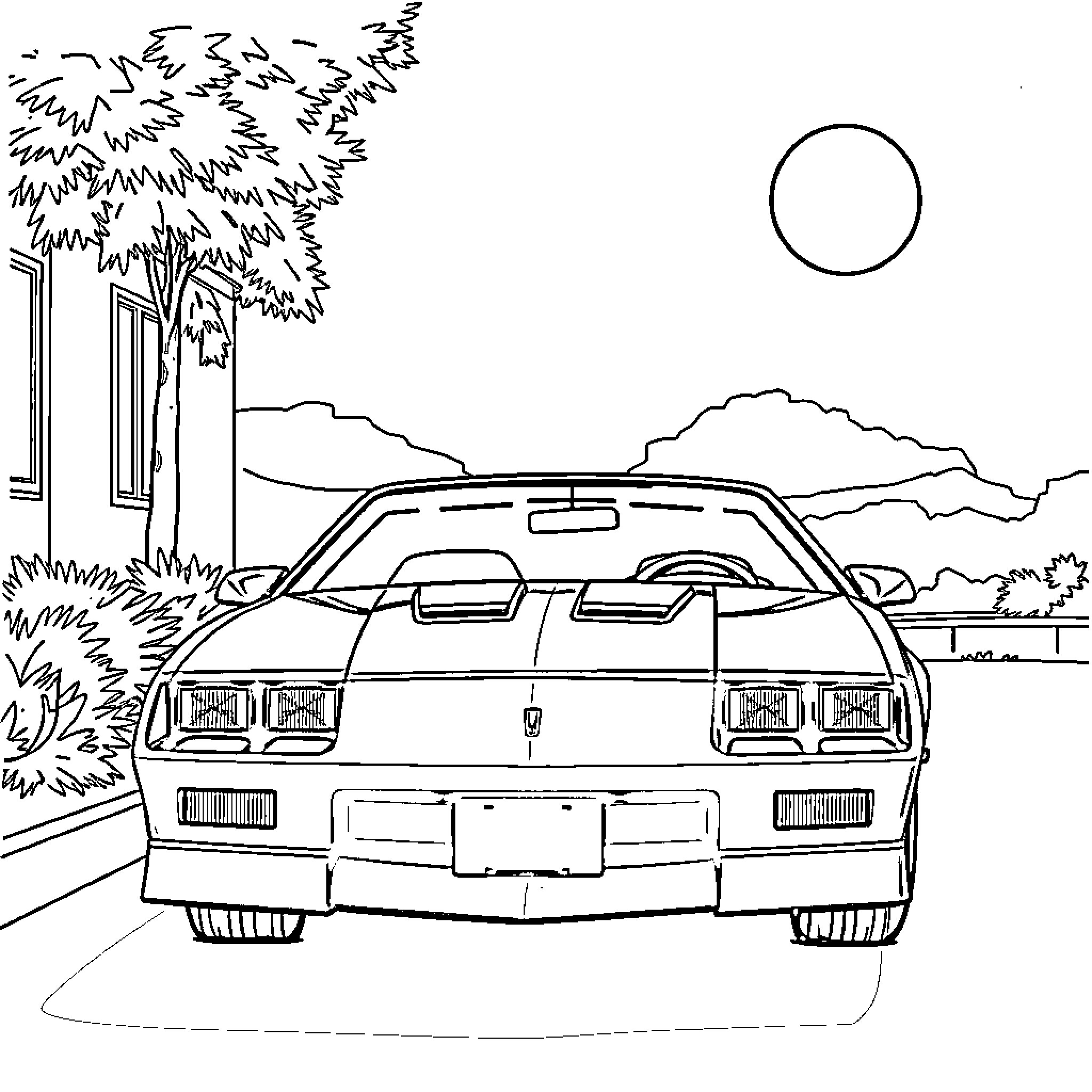 Camaro driving on a scenic road Coloring Page (free black-and-white line drawing printable PDF for all, from beginners to advanced learners, including children, teens, adults, and seniors)
