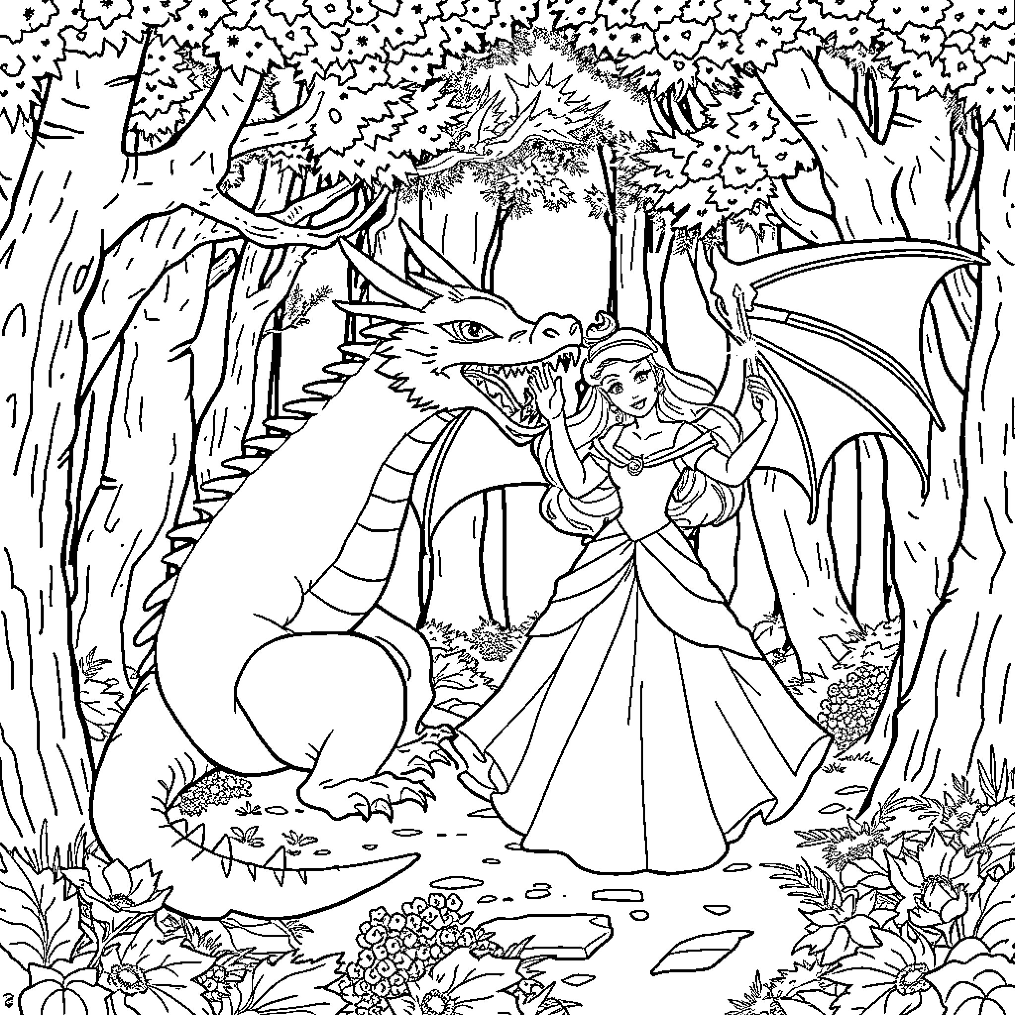 Princess and her dragon companion in the enchanted forest Coloring Page (free black-and-white line drawing printable PDF for all, from beginners to advanced learners, including children, teens, adults, and seniors)