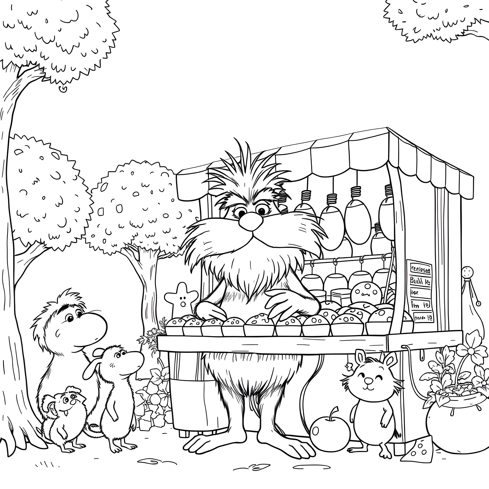 Lorax running the local fruit and vegetable stand Coloring Page (free black-and-white line drawing printable PDF for all, from beginners to advanced learners, including children, teens, adults, and seniors)