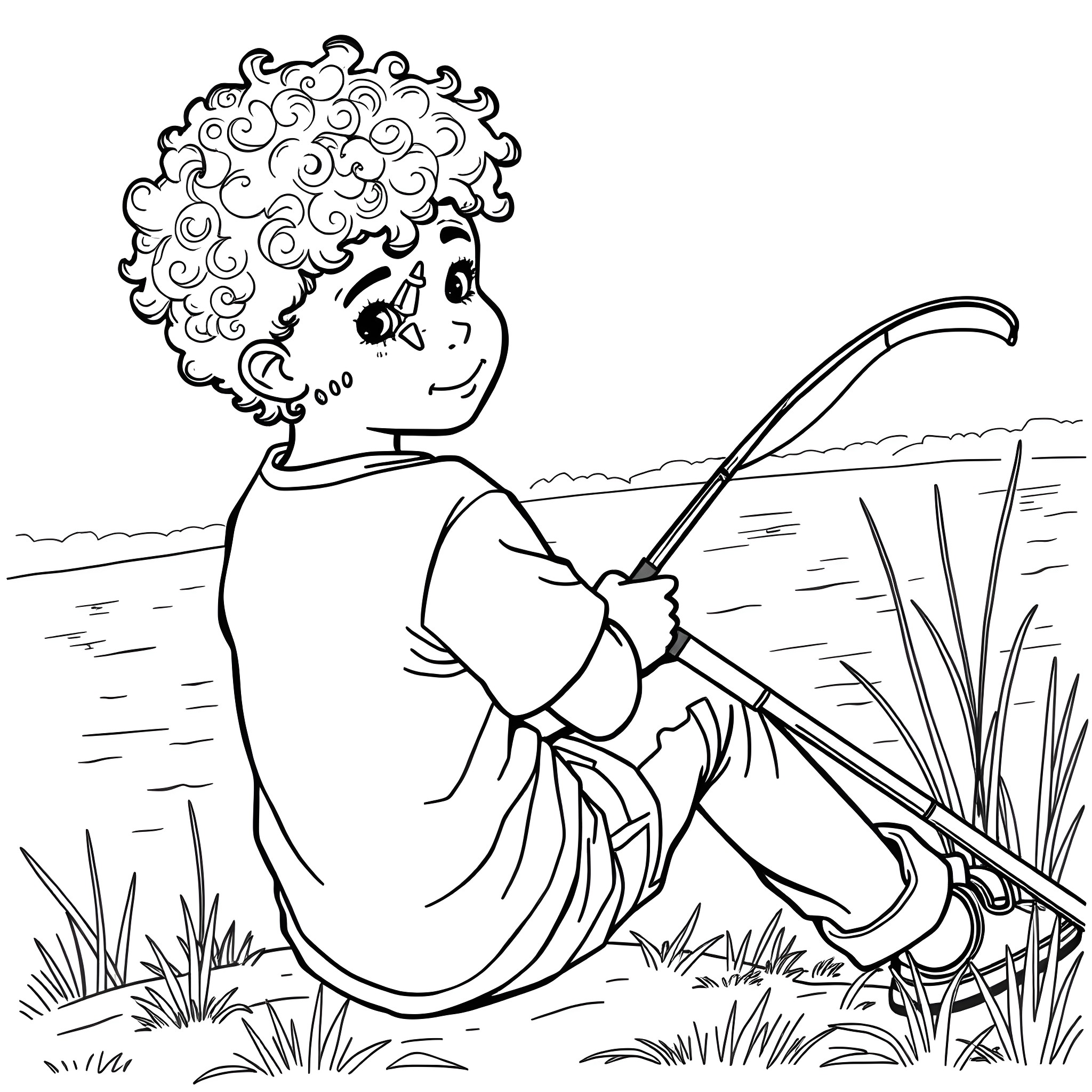 Boy fishing happily by the river Coloring Page (free black-and-white line drawing printable PDF for all, from beginners to advanced learners, including children, teens, adults, and seniors)