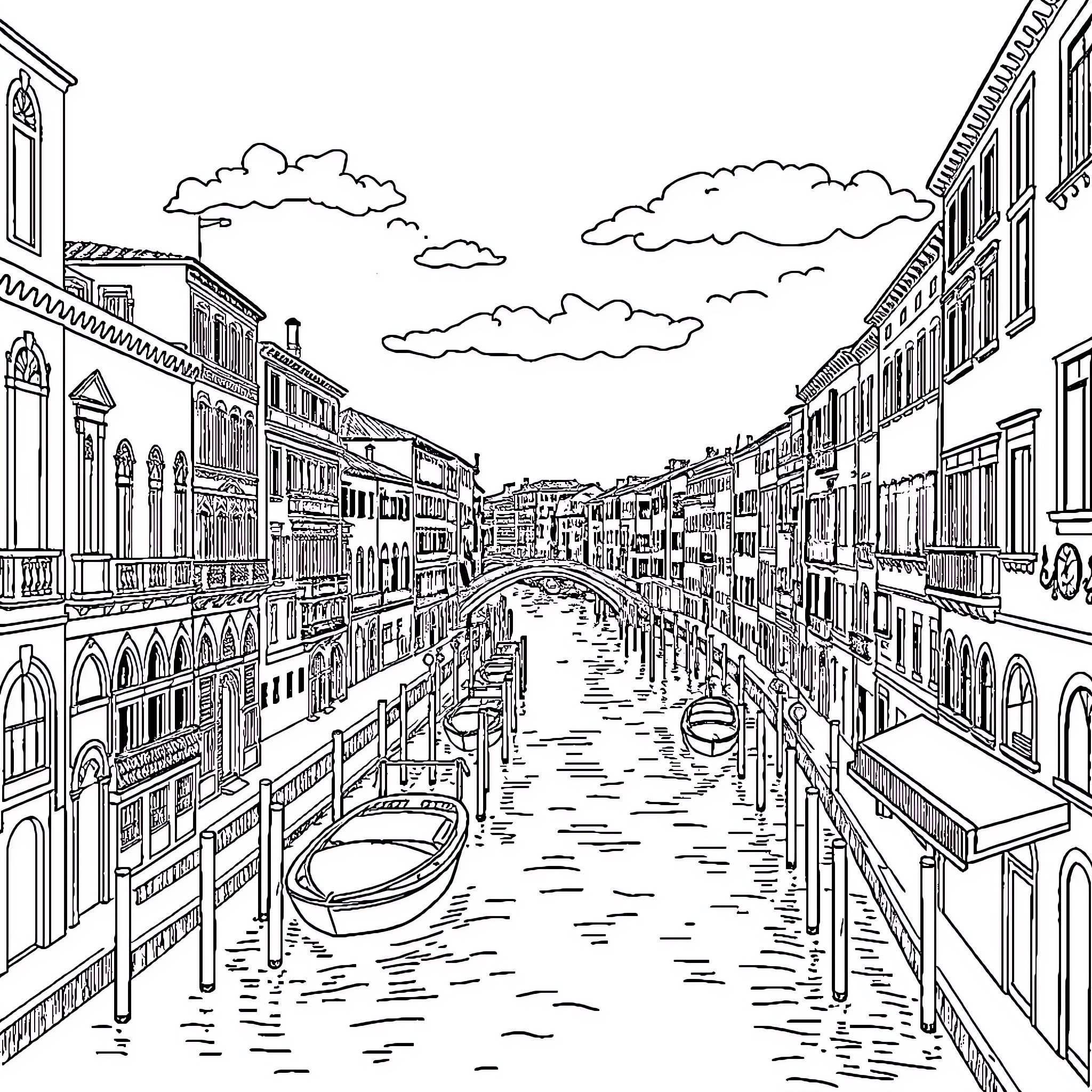 Venice Cityscape with Gondolas and Canals Coloring Page (free black-and-white line drawing printable PDF for all, from beginners to advanced learners, including children, teens, adults, and seniors)