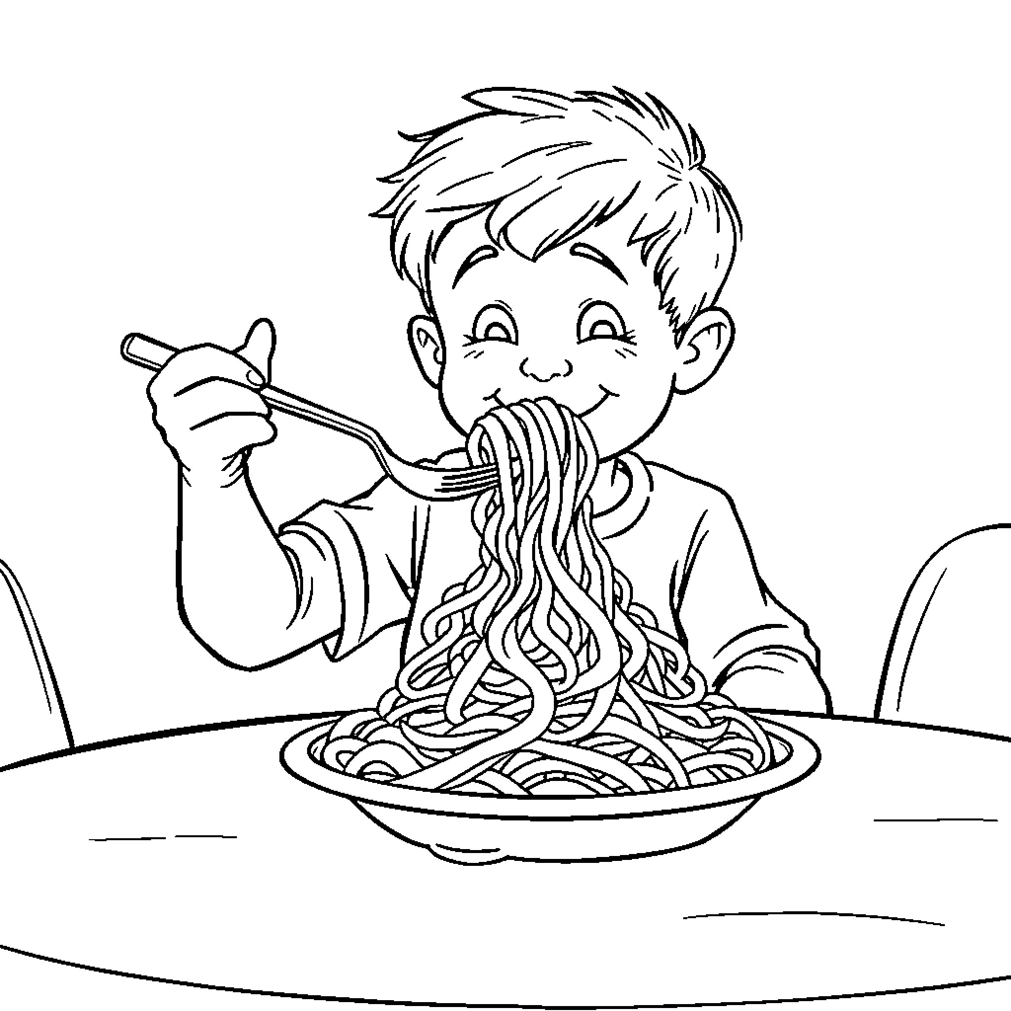 Boy enjoying a tasty pasta dish Coloring Page (free black-and-white line drawing printable PDF for all, from beginners to advanced learners, including children, teens, adults, and seniors)