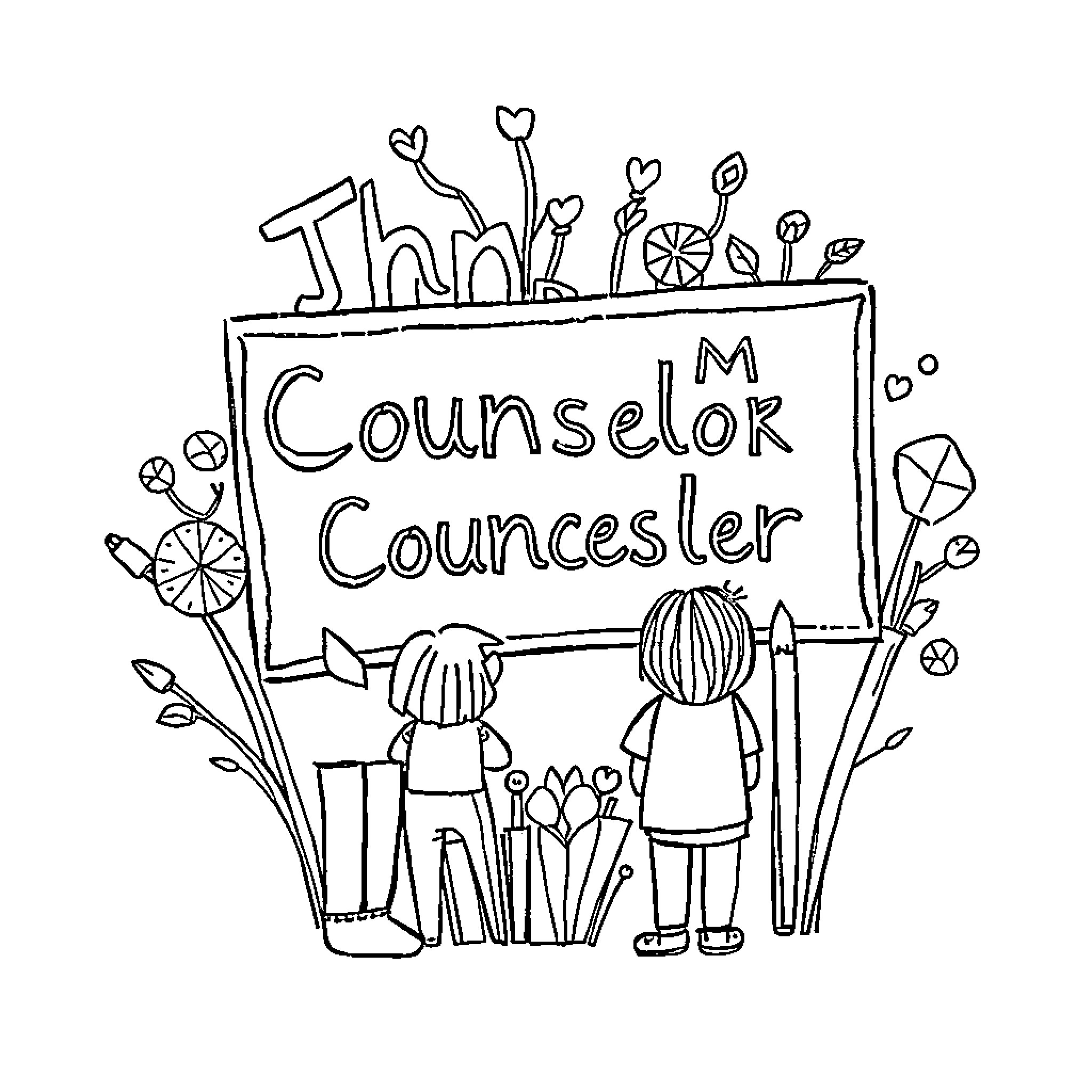 Counselor Helping Children with Signs and Symbols Coloring Page (free black-and-white line drawing printable PDF for all, from beginners to advanced learners, including children, teens, adults, and seniors)