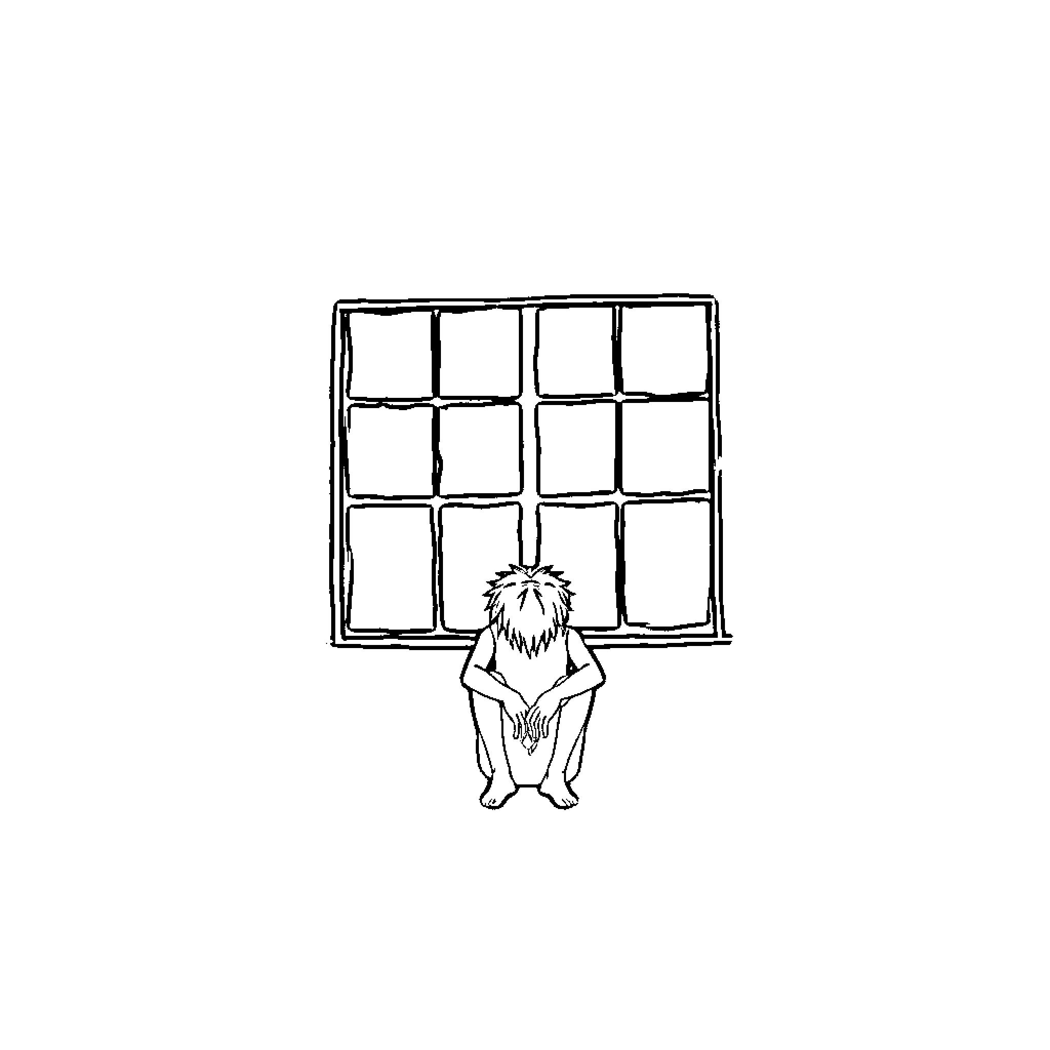 Despondent figure sitting alone by window Coloring Page (free black-and-white line drawing printable PDF for all, from beginners to advanced learners, including children, teens, adults, and seniors)