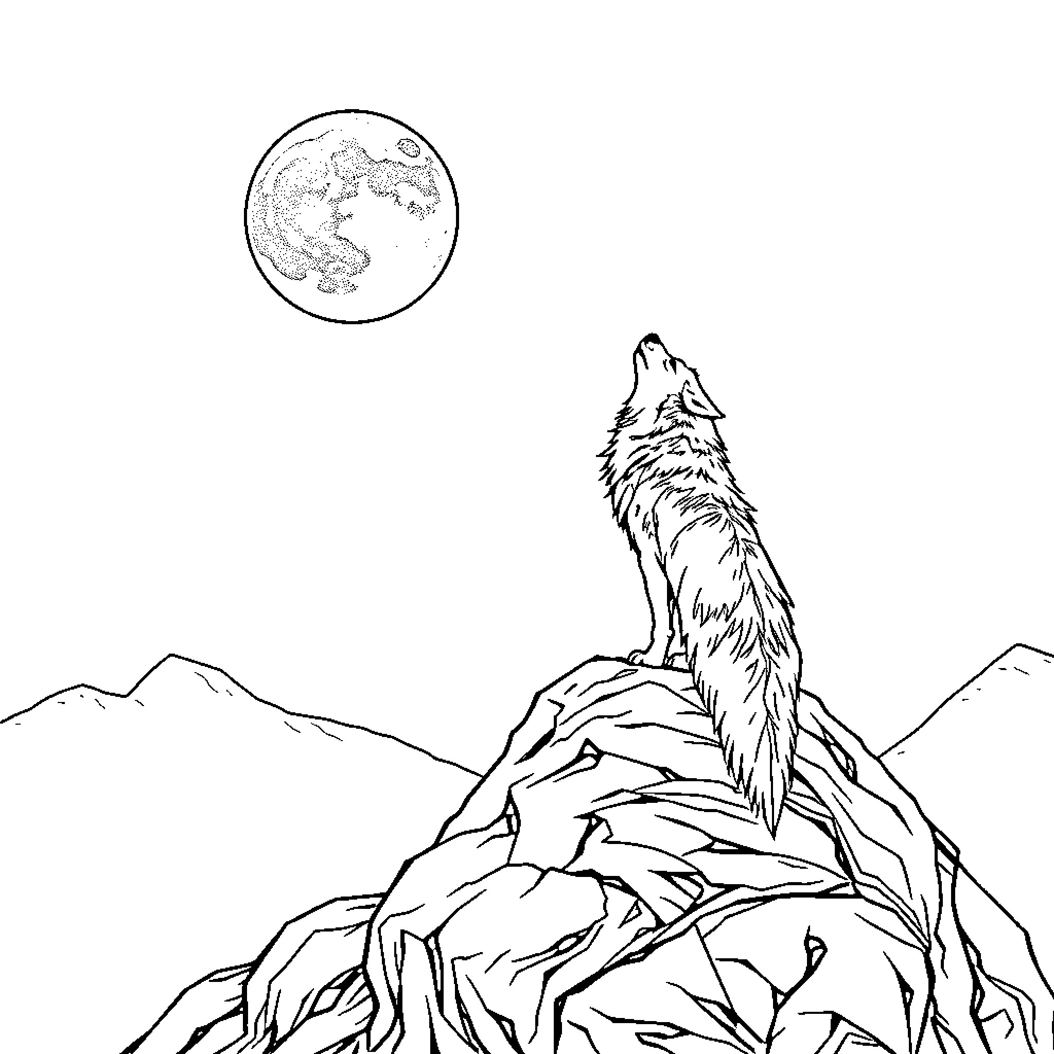 Wolf howling at the moon in the mountains Coloring Page (free black-and-white line drawing printable PDF for all, from beginners to advanced learners, including children, teens, adults, and seniors)