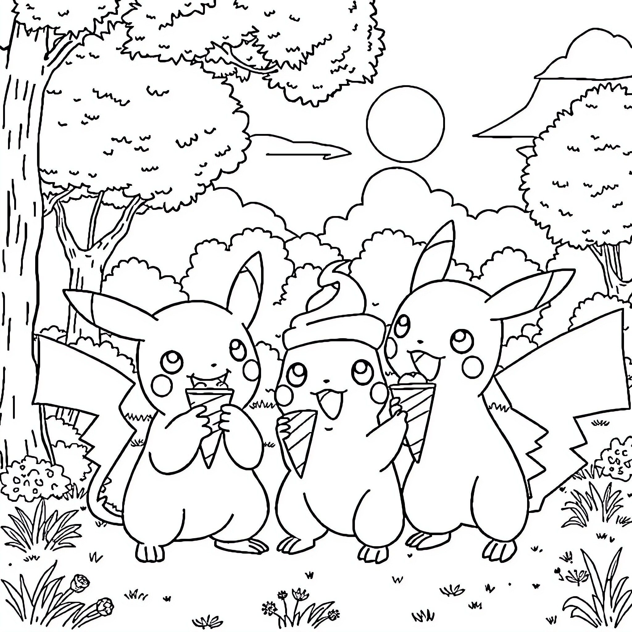Pokémon characters playing in the forest Coloring Page (free black-and-white line drawing printable PDF for all, from beginners to advanced learners, including children, teens, adults, and seniors)
