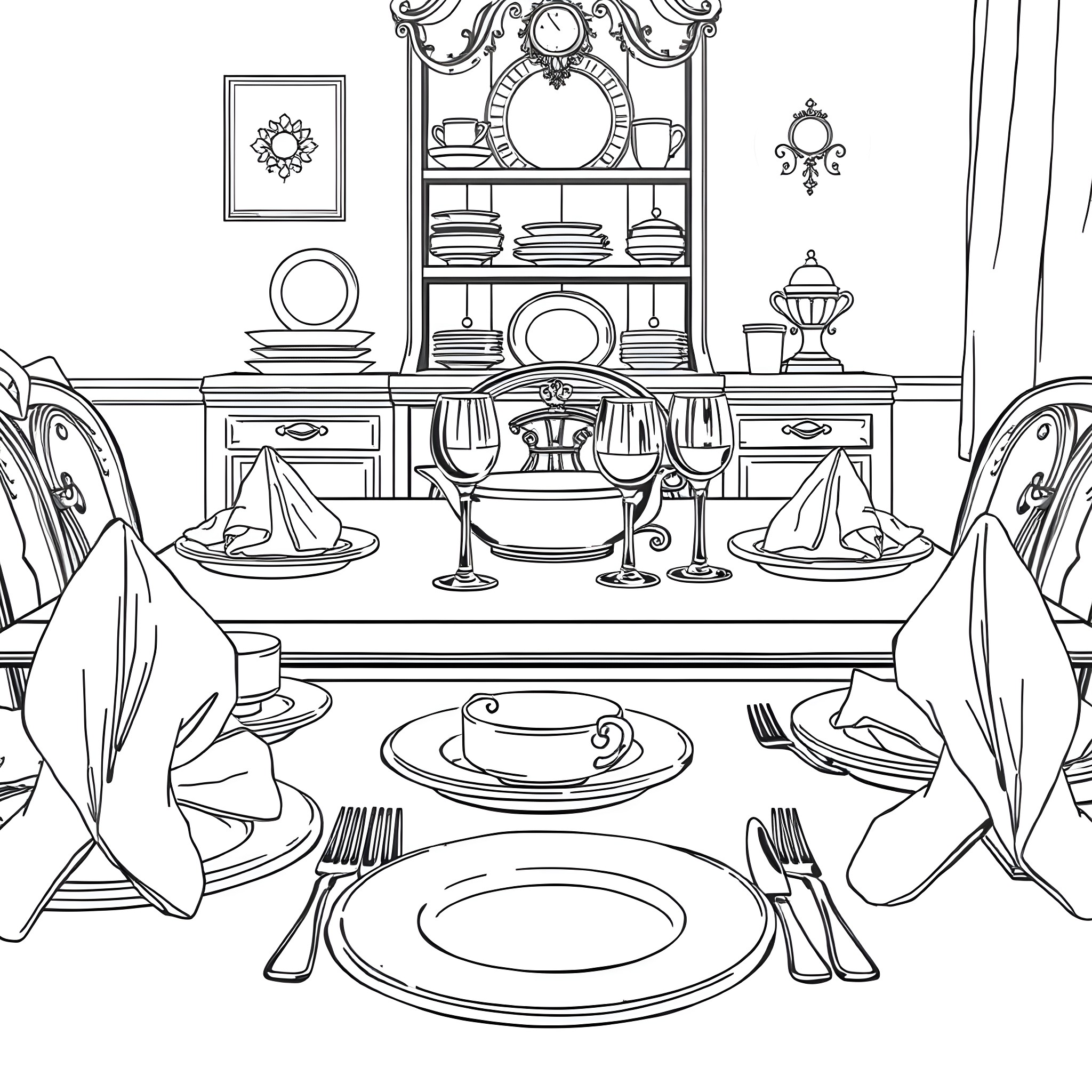 Table set for a formal dinner in an elegant dining room Coloring Page (free black-and-white line drawing printable PDF for all, from beginners to advanced learners, including children, teens, adults, and seniors)