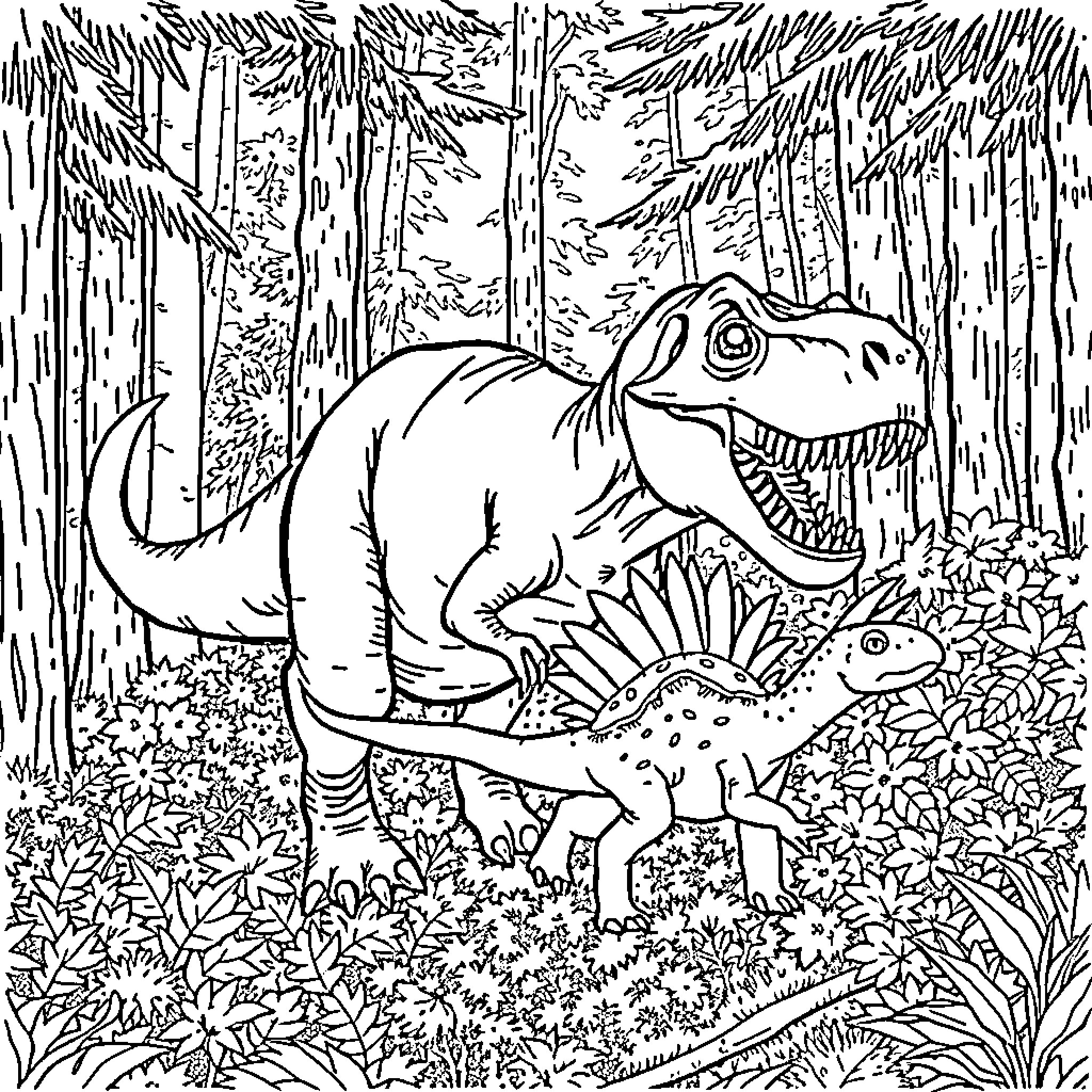 T-Rex Stomping through Prehistoric Forest Coloring Page (free black-and-white line drawing printable PDF for all, from beginners to advanced learners, including children, teens, adults, and seniors)
