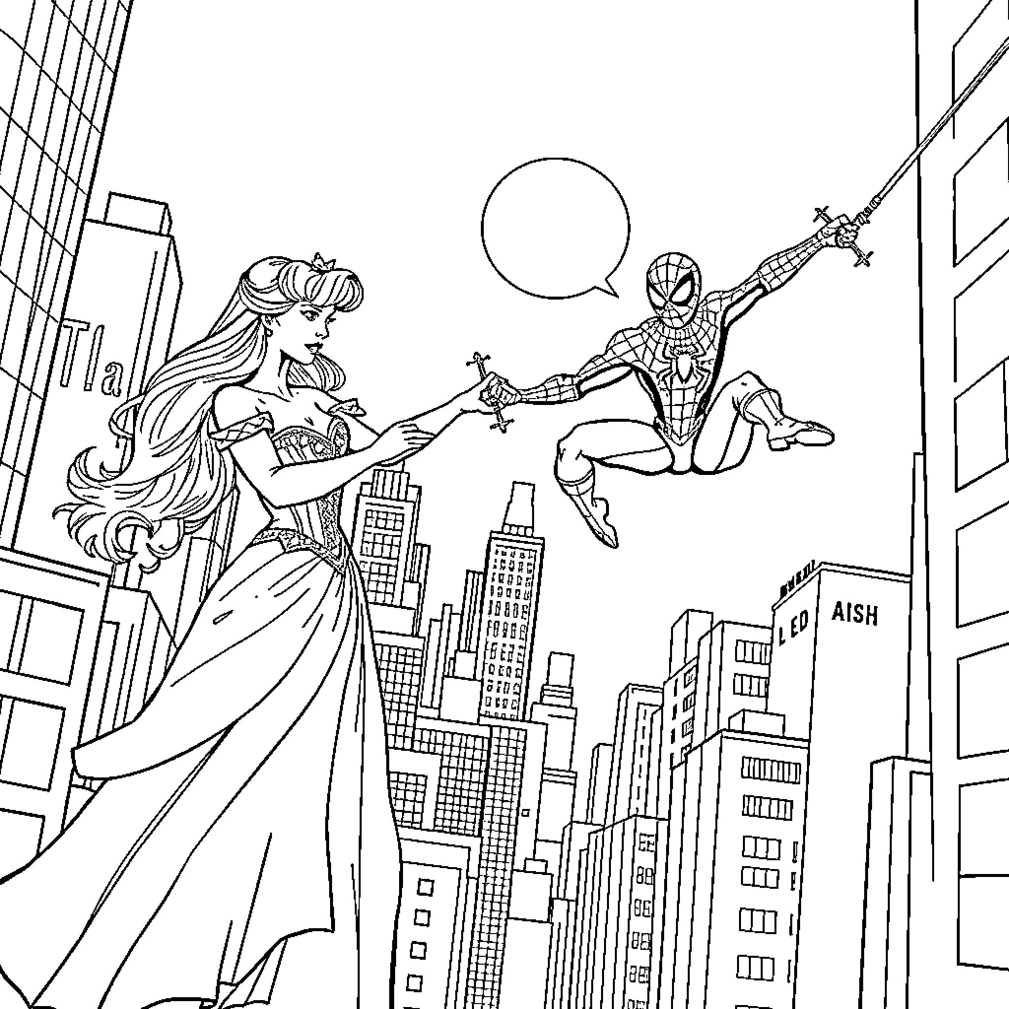 Princess and Superhero Saving the City Coloring Page (free black-and-white line drawing printable PDF for all, from beginners to advanced learners, including children, teens, adults, and seniors)