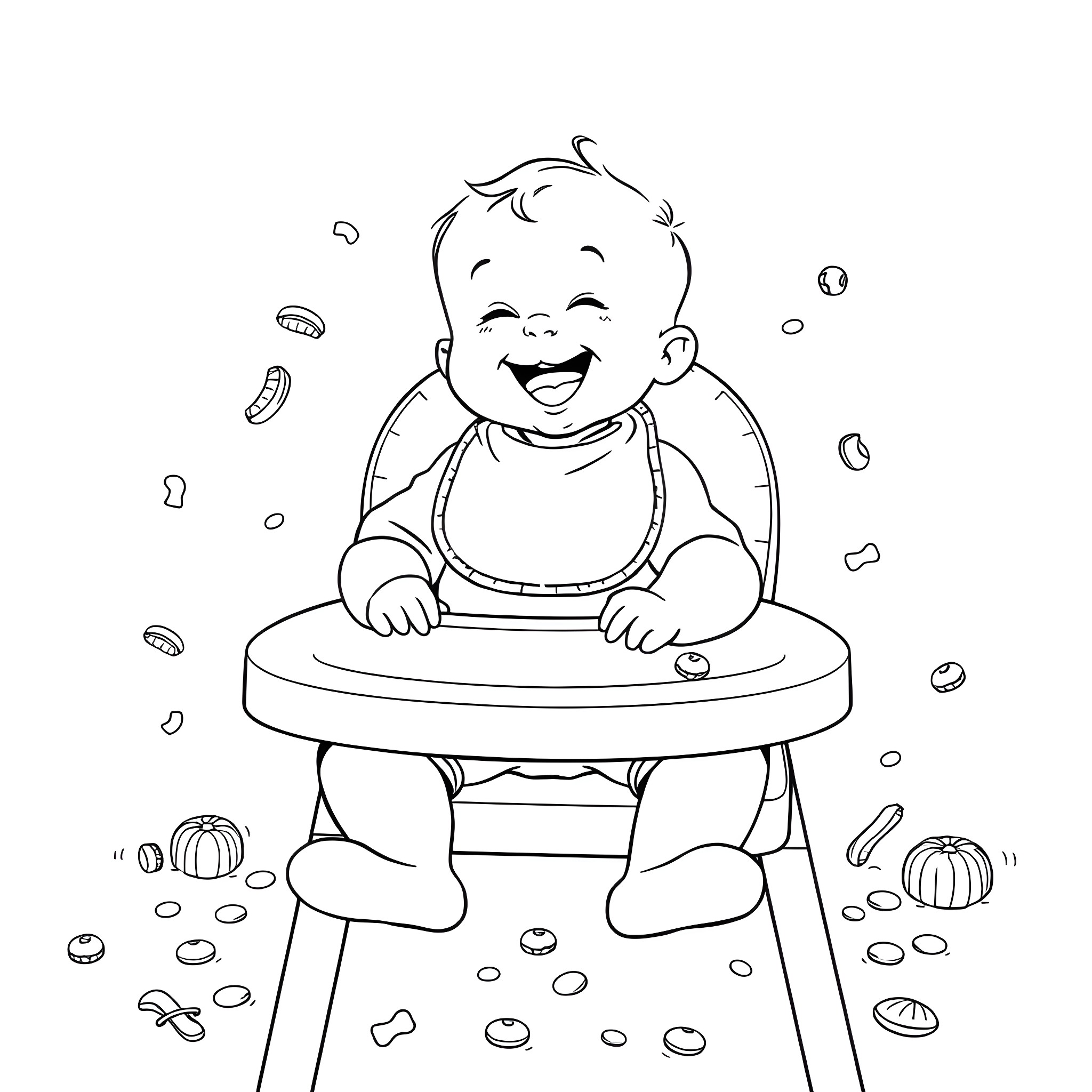 Baby laughing happily in highchair Coloring Page (free black-and-white line drawing printable PDF for all, from beginners to advanced learners, including children, teens, adults, and seniors)