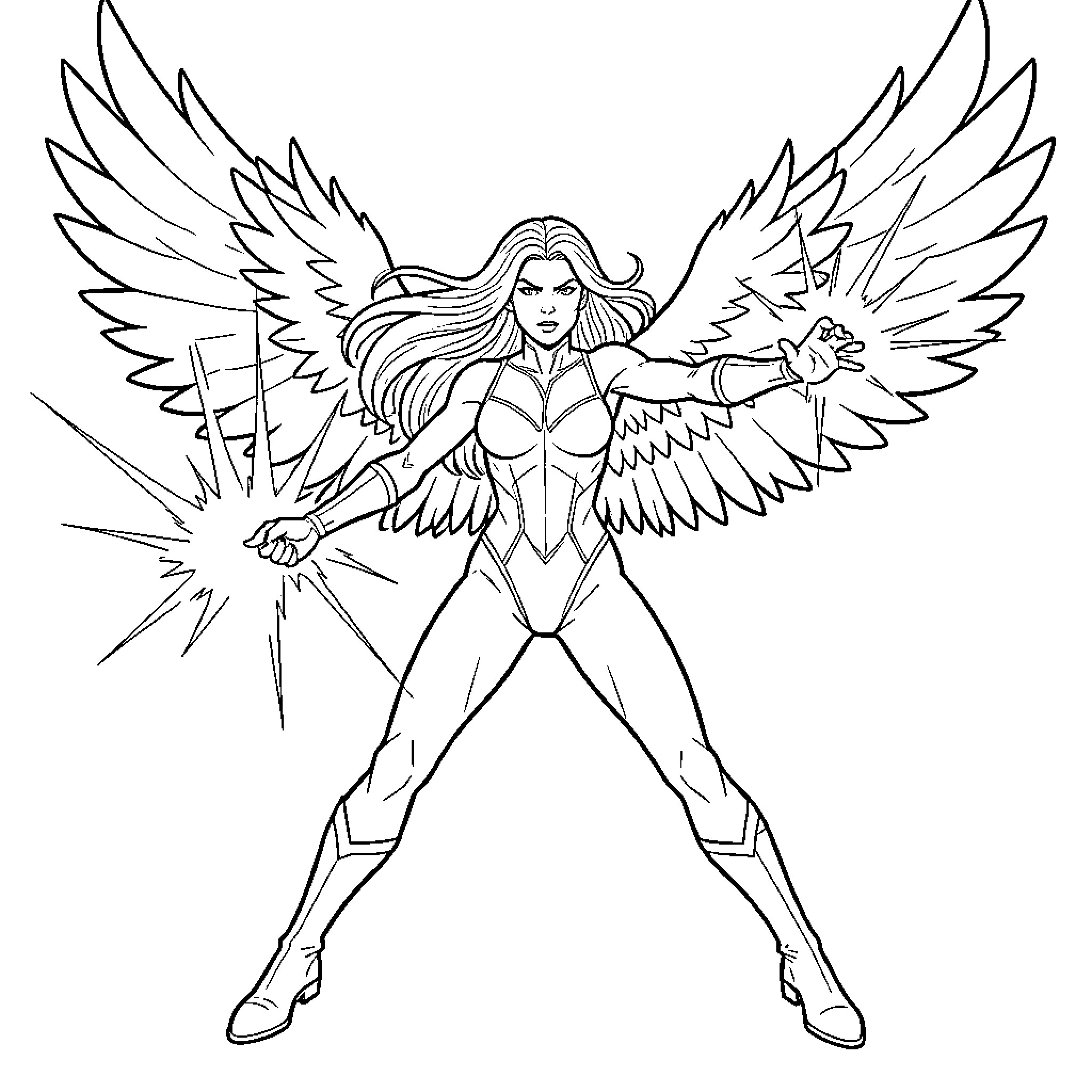Jean Grey with large wings using her powers Coloring Page (free black-and-white line drawing printable PDF for all, from beginners to advanced learners, including children, teens, adults, and seniors)