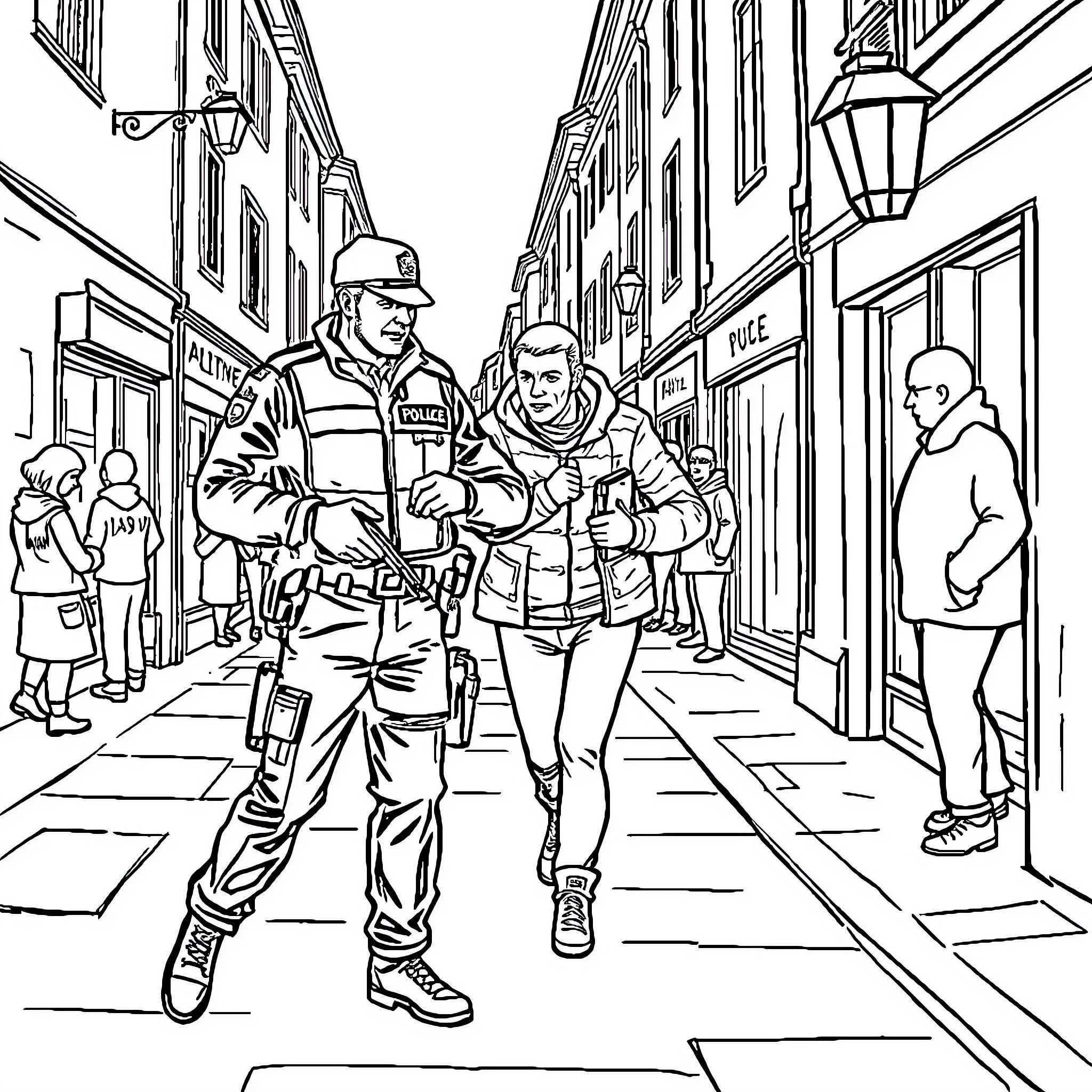 Policier Duo Patrolling Urban Street Scene Coloring Page (free black-and-white line drawing printable PDF for all, from beginners to advanced learners, including children, teens, adults, and seniors)