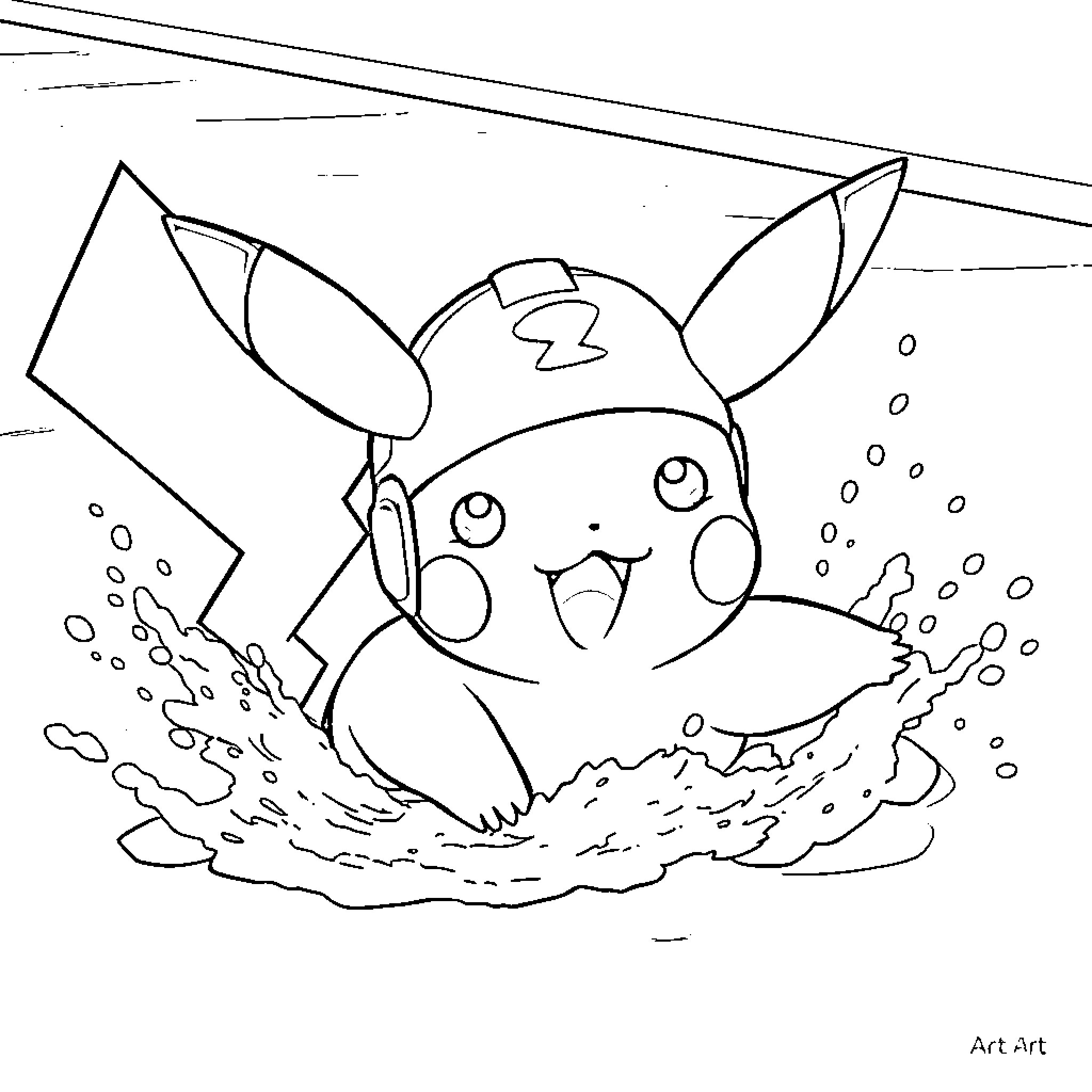 Pikachu splashing in water with bubbles Coloring Page (free black-and-white line drawing printable PDF for all, from beginners to advanced learners, including children, teens, adults, and seniors)