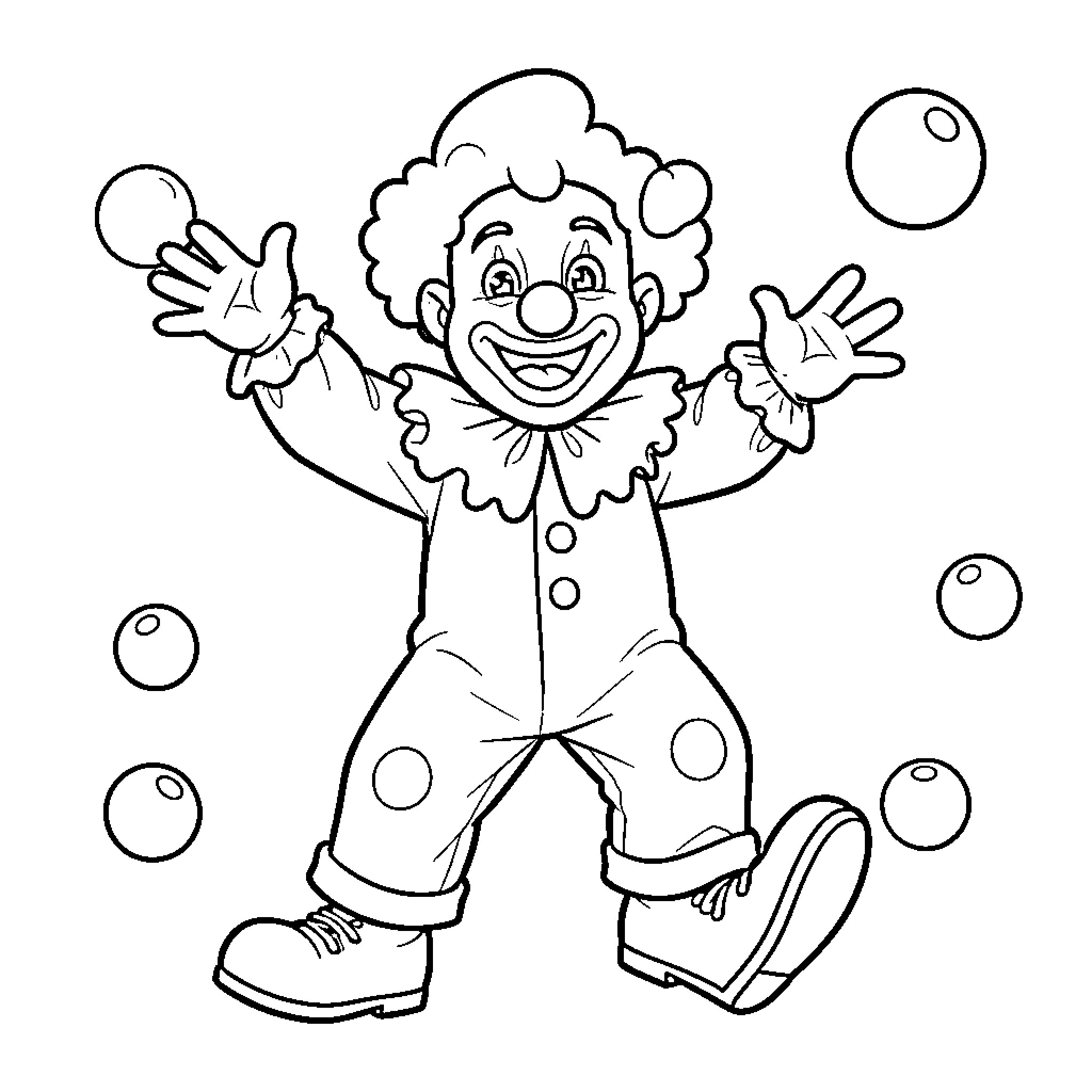 Payaso performing with joy and enthusiasm Coloring Page (free black-and-white line drawing printable PDF for all, from beginners to advanced learners, including children, teens, adults, and seniors)