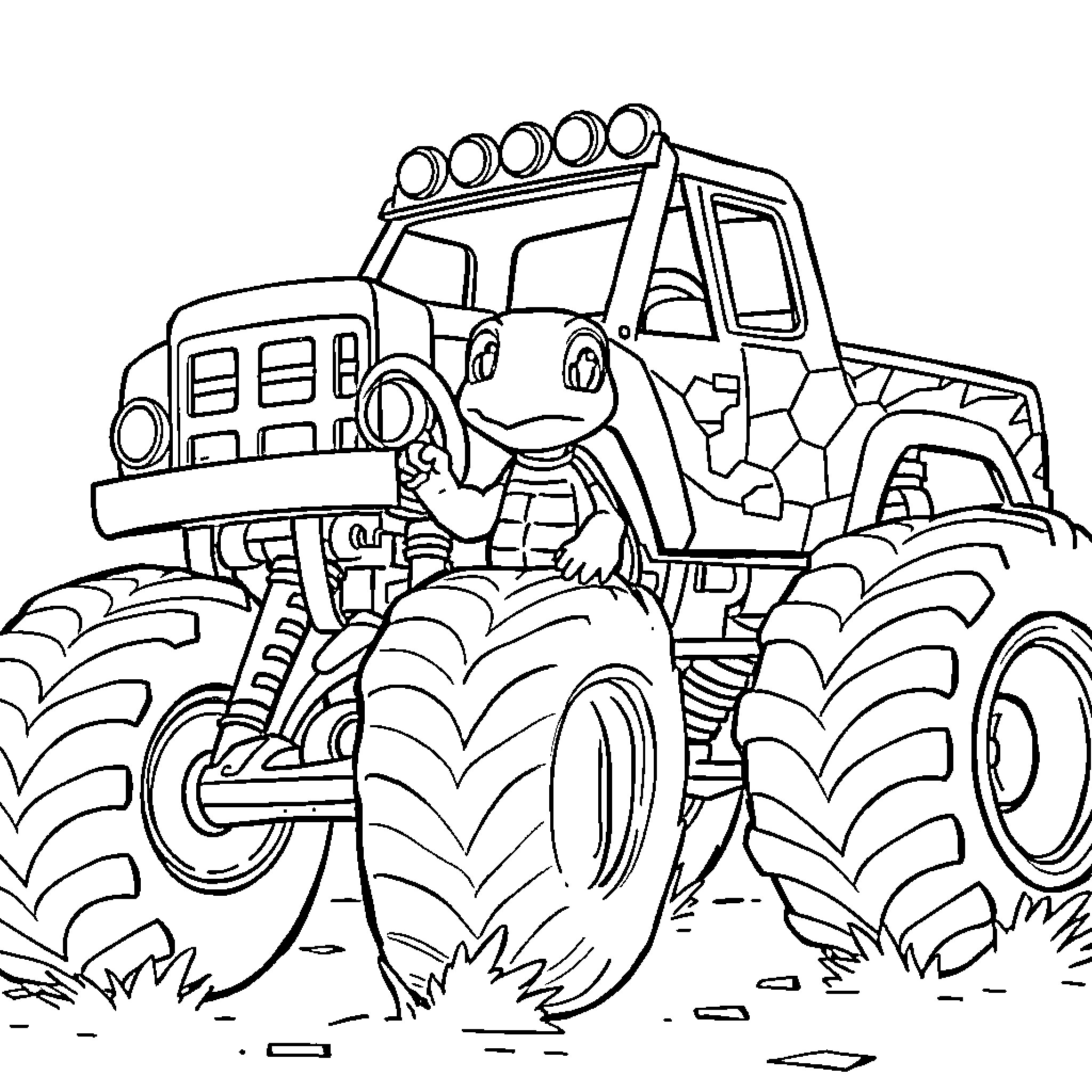 Turtle-shaped Monster Truck Adventure Coloring Page (free black-and-white line drawing printable PDF for all, from beginners to advanced learners, including children, teens, adults, and seniors)