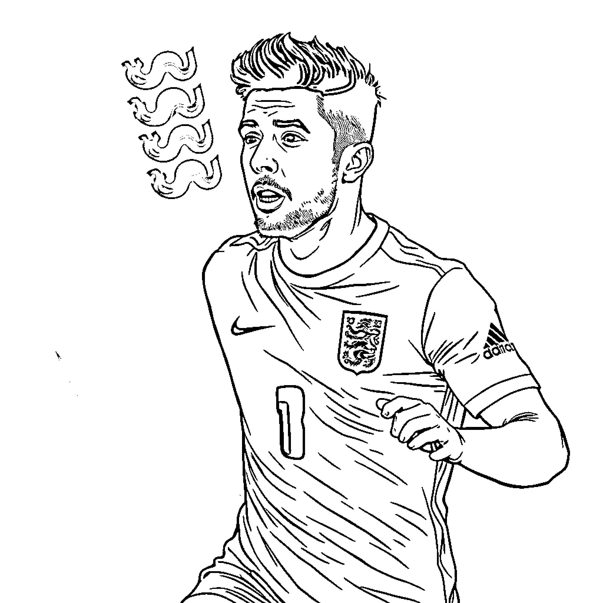 Jordan Clarke playing soccer with excitement Coloring Page (free black-and-white line drawing printable PDF for all, from beginners to advanced learners, including children, teens, adults, and seniors)