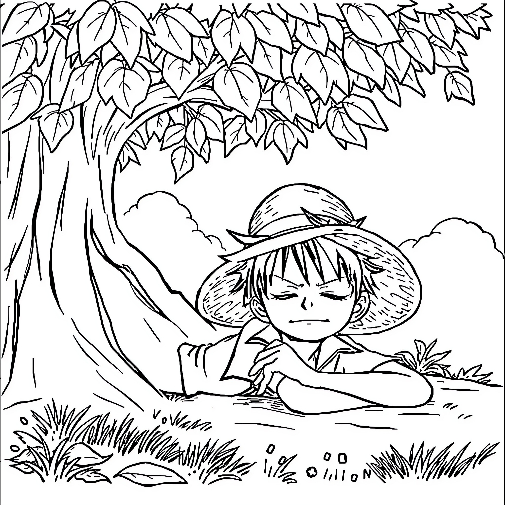 Luffy relaxing in a peaceful forest Coloring Page (free black-and-white line drawing printable PDF for all, from beginners to advanced learners, including children, teens, adults, and seniors)