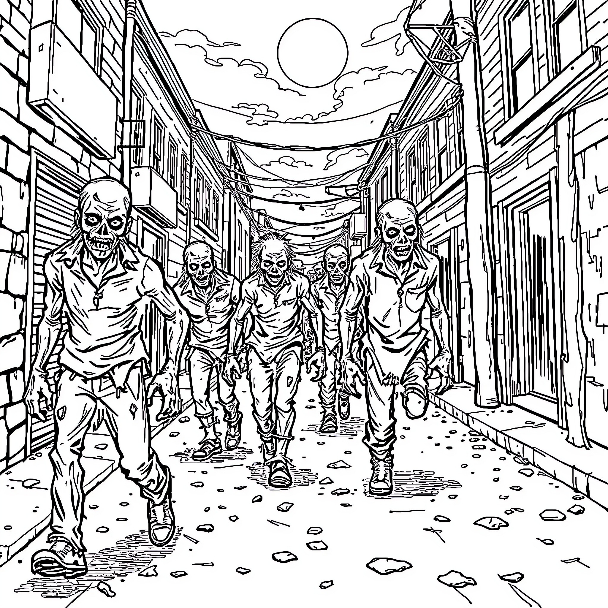 Zombie horde trudging through a desolate urban alley Coloring Page (free black-and-white line drawing printable PDF for all, from beginners to advanced learners, including children, teens, adults, and seniors)