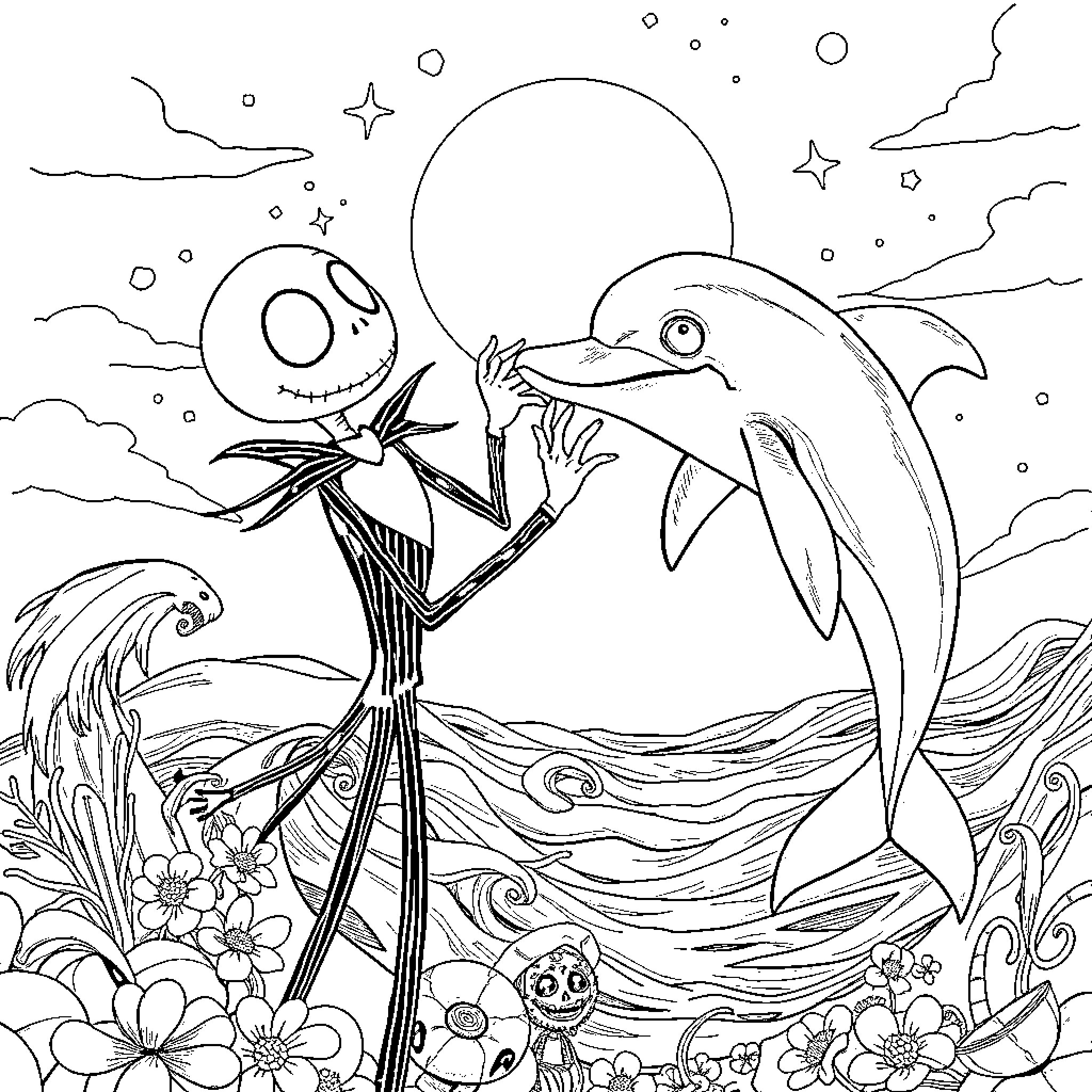 Jack Skellington meets an unusual sea creature in the moonlit night Coloring Page (free black-and-white line drawing printable PDF for all, from beginners to advanced learners, including children, teens, adults, and seniors)