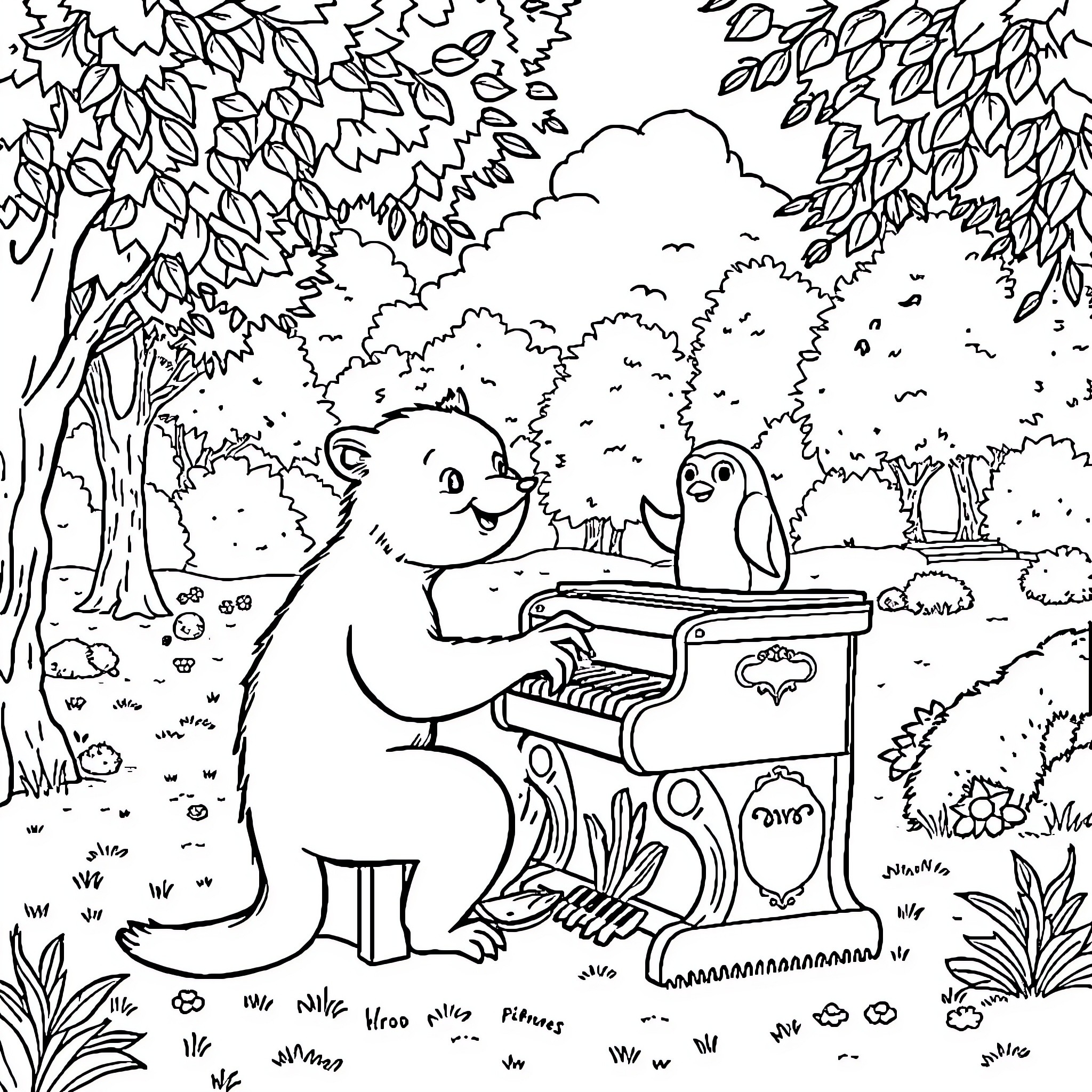 Capuchin monkey and penguin play music in the forest Coloring Page (free black-and-white line drawing printable PDF for all, from beginners to advanced learners, including children, teens, adults, and seniors)