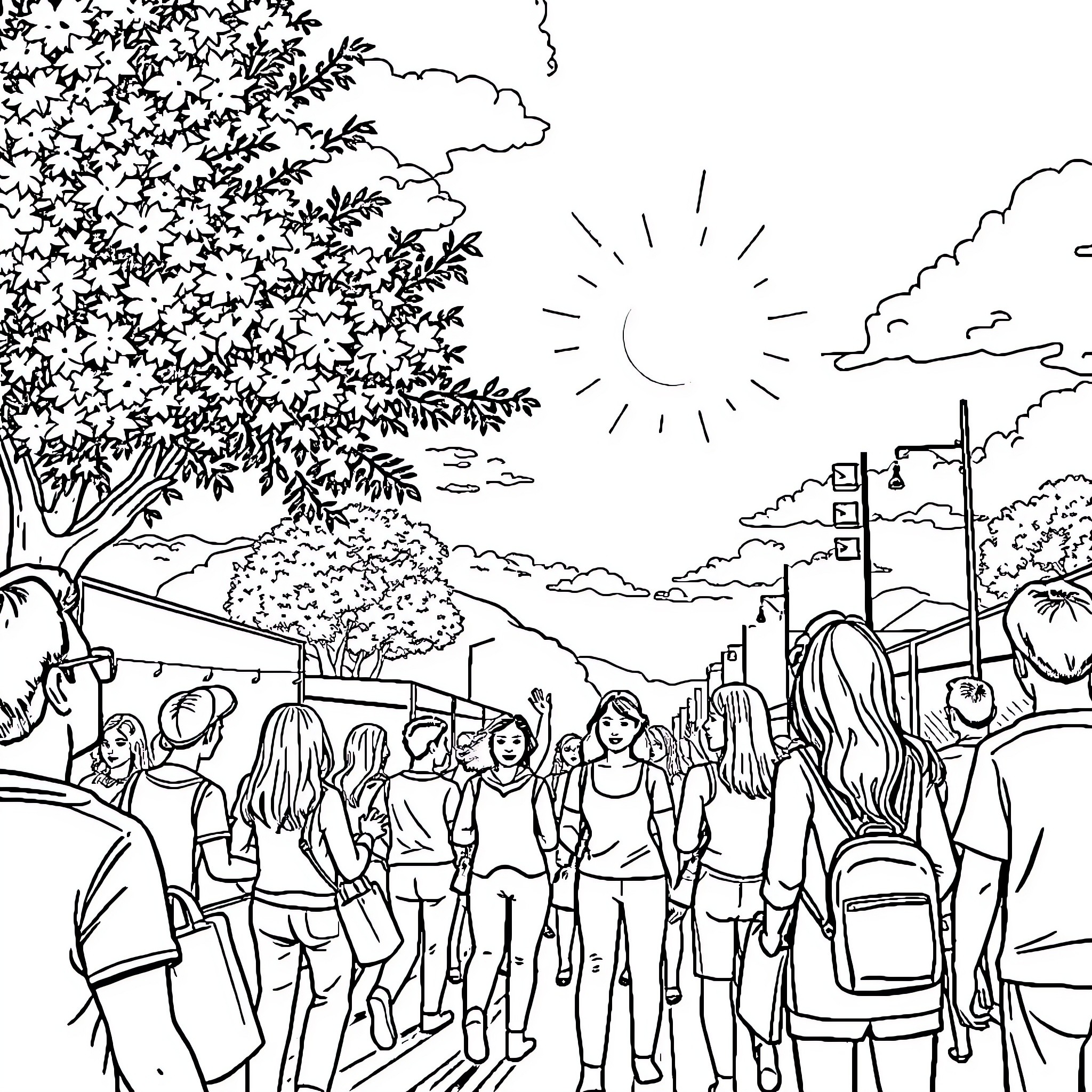 Friday afternoon in the city park Coloring Page (free black-and-white line drawing printable PDF for all, from beginners to advanced learners, including children, teens, adults, and seniors)
