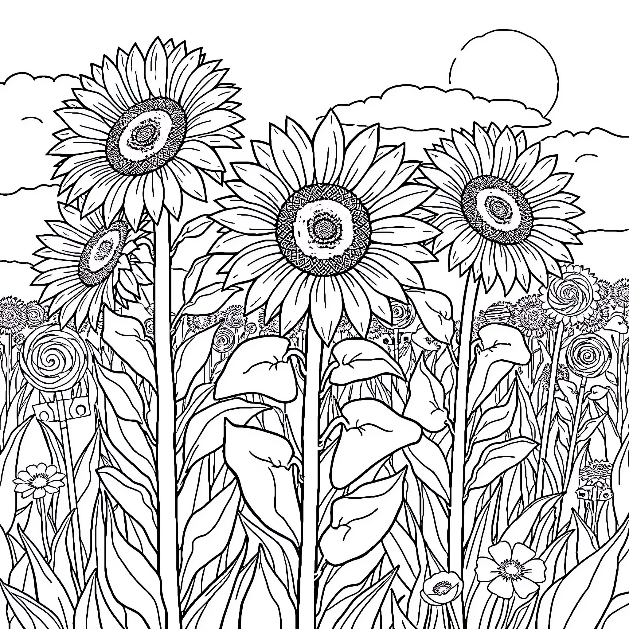 Sunflower Field with Whimsical Flowers and Vegetation Coloring Page (free black-and-white line drawing printable PDF for all, from beginners to advanced learners, including children, teens, adults, and seniors)