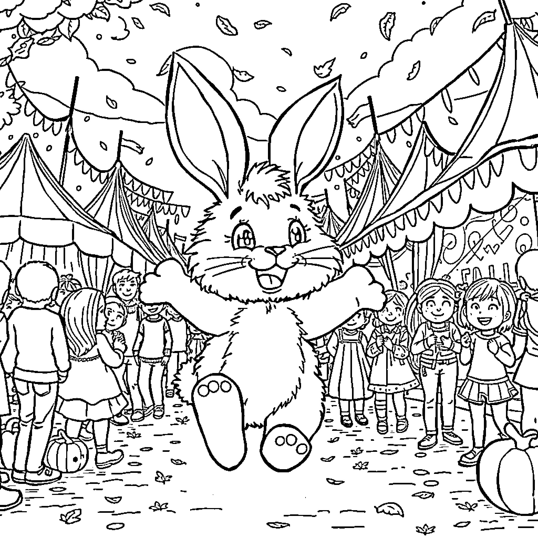 Lionhead Rabbit among people and animals at a carnival Coloring Page (free black-and-white line drawing printable PDF for all, from beginners to advanced learners, including children, teens, adults, and seniors)