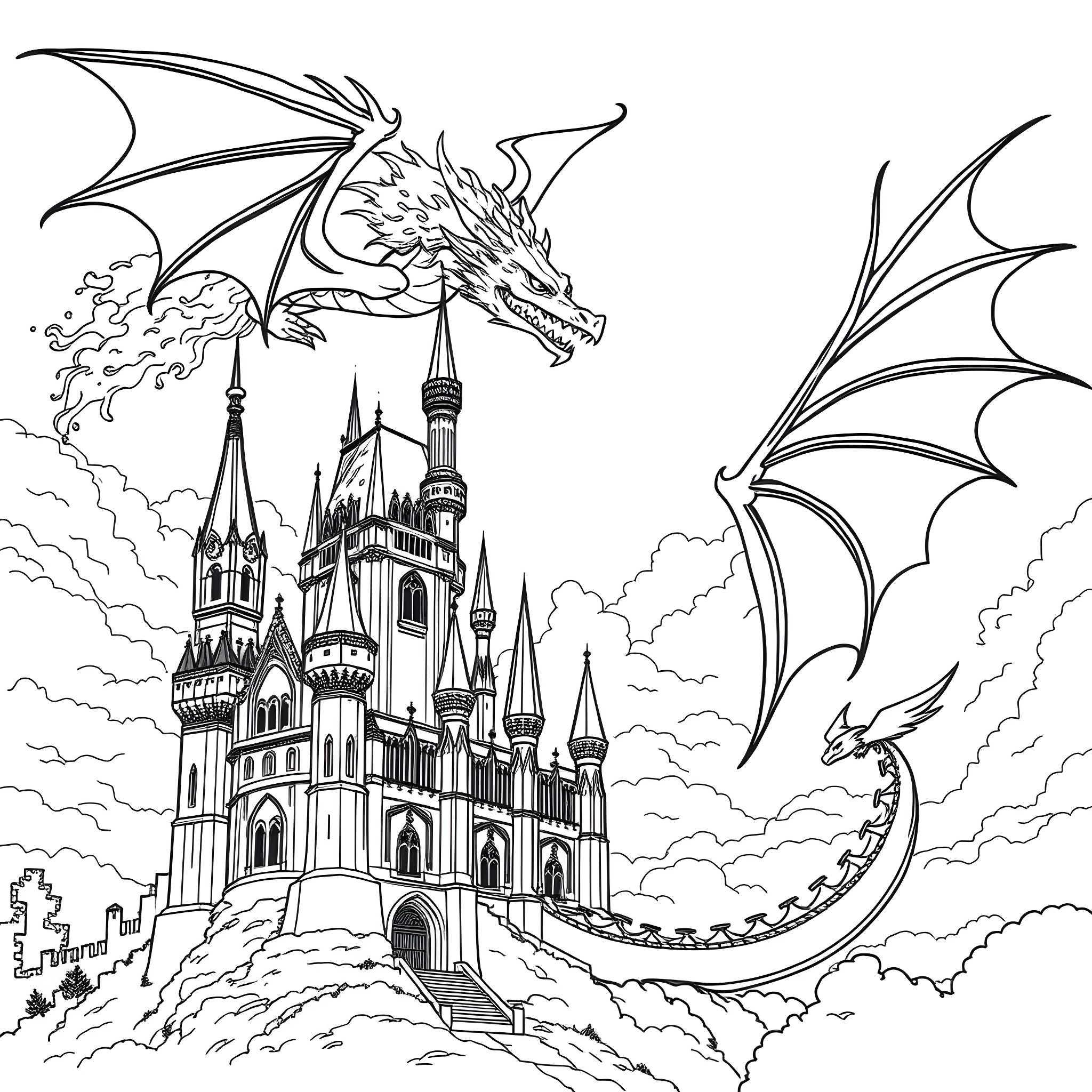 Dragon attacking a medieval castle in the sky Coloring Page (free black-and-white line drawing printable PDF for all, from beginners to advanced learners, including children, teens, adults, and seniors)