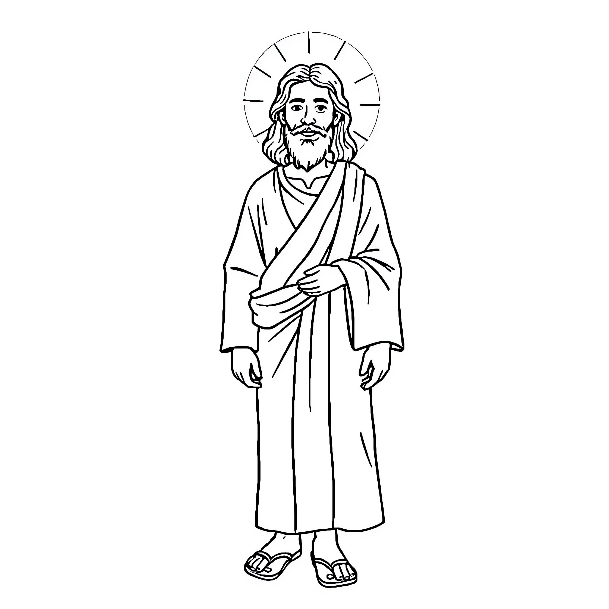 Jesus standing with a halo in robe and sandals Coloring Page (free black-and-white line drawing printable PDF for all, from beginners to advanced learners, including children, teens, adults, and seniors)