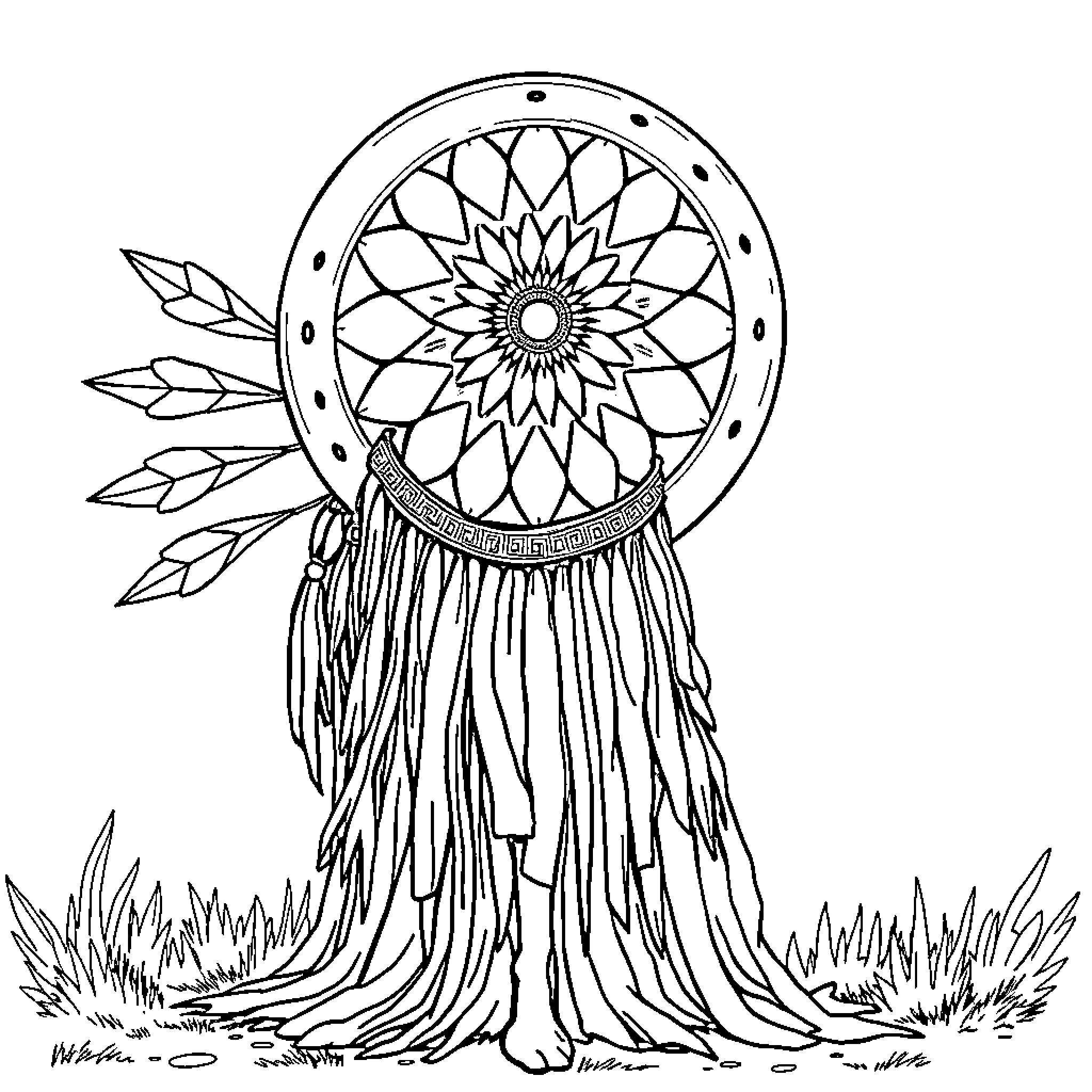 Ribbon Skirt Decorated with Dreamcatcher in Nature Coloring Page (free black-and-white line drawing printable PDF for all, from beginners to advanced learners, including children, teens, adults, and seniors)