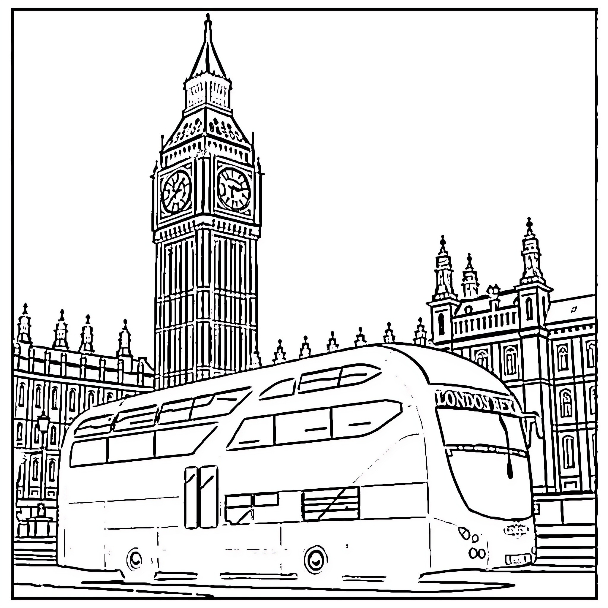 Bus passing by iconic London landmarks Coloring Page (free black-and-white line drawing printable PDF for all, from beginners to advanced learners, including children, teens, adults, and seniors)
