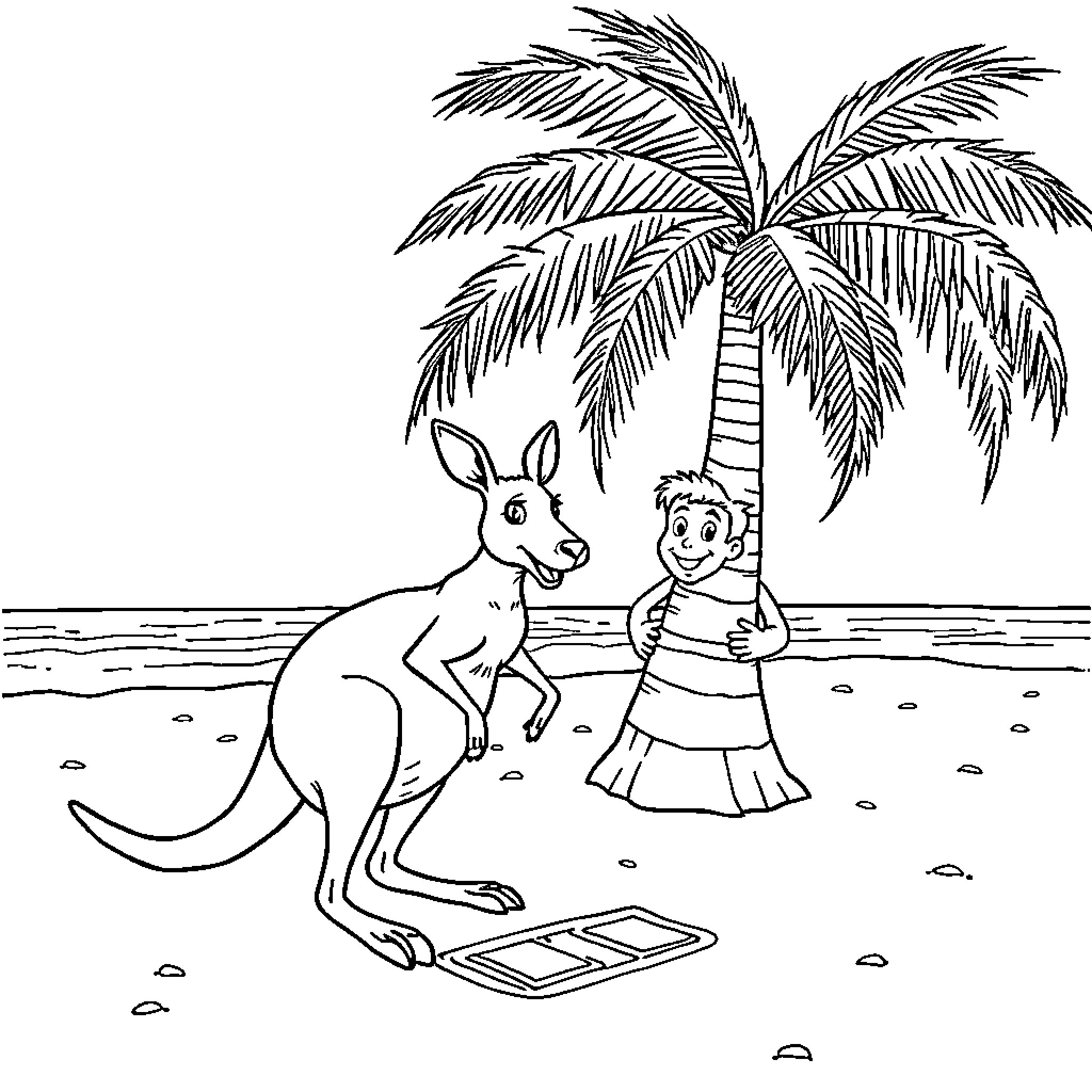 Kangaroo and child playing on beach near palm tree Coloring Page (free black-and-white line drawing printable PDF for all, from beginners to advanced learners, including children, teens, adults, and seniors)