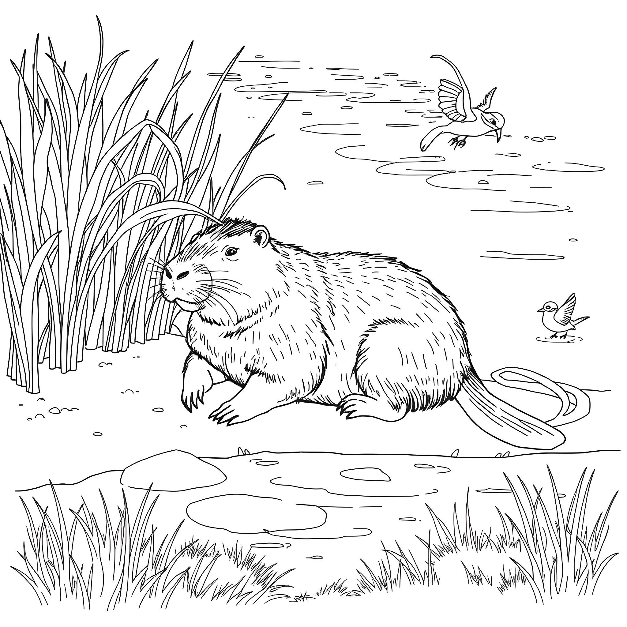 Capybara relaxing by the pond with birds Coloring Page (free black-and-white line drawing printable PDF for all, from beginners to advanced learners, including children, teens, adults, and seniors)