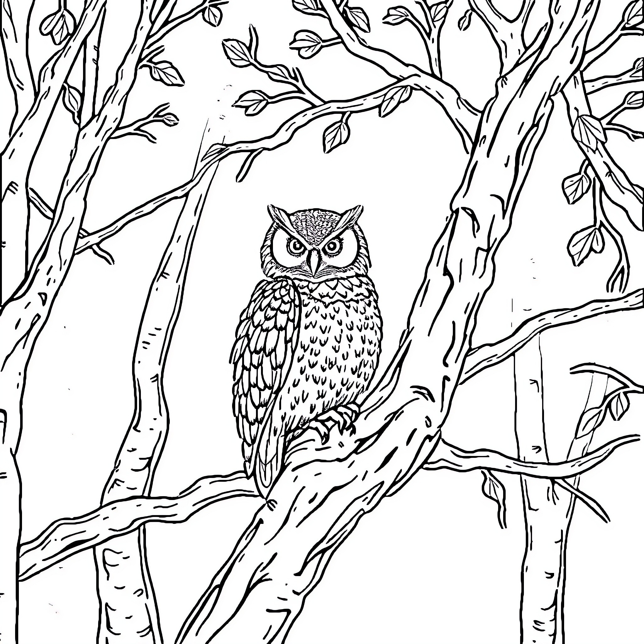 Owl perched watchfully in the forest Coloring Page (free black-and-white line drawing printable PDF for all, from beginners to advanced learners, including children, teens, adults, and seniors)