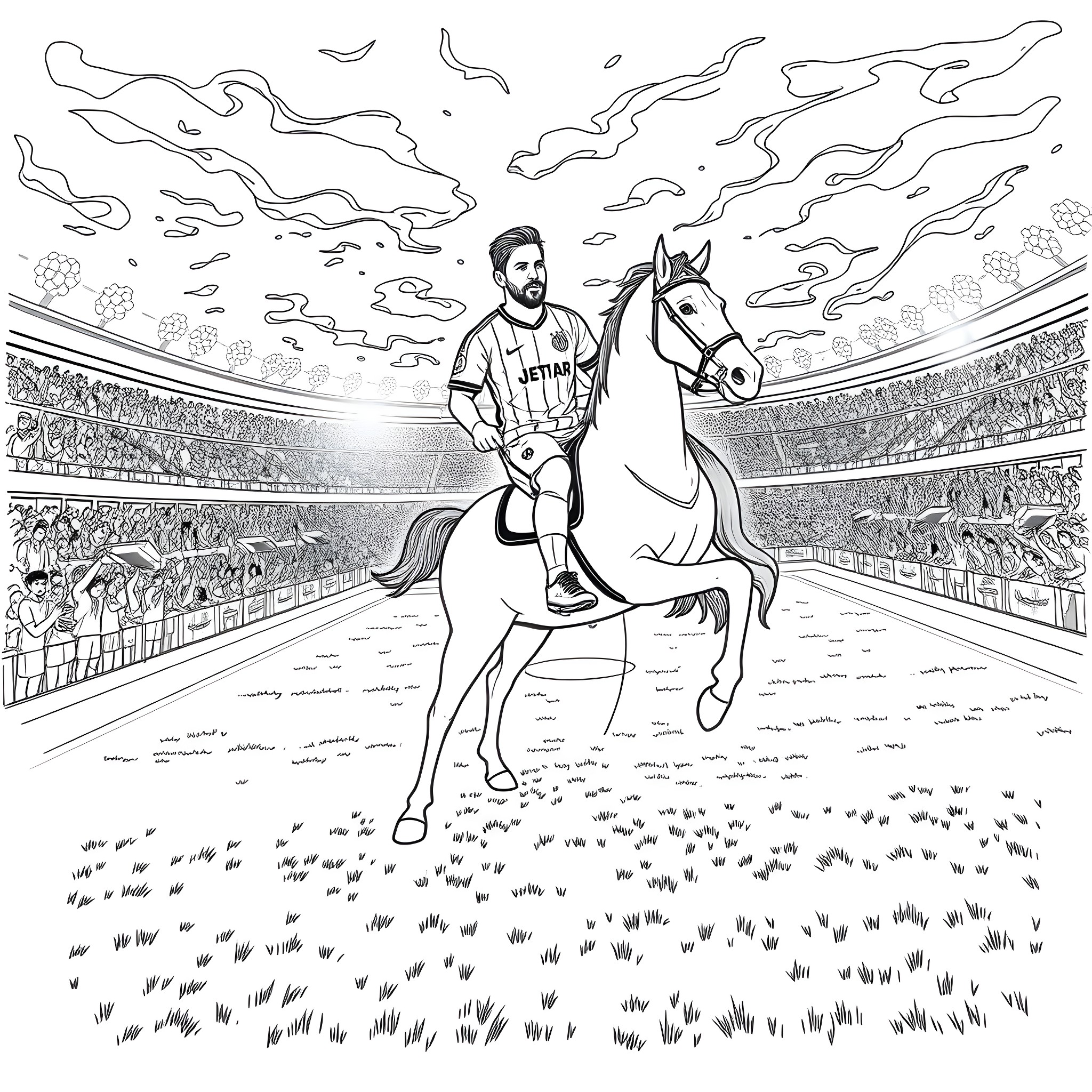 Messi riding a horse in a stadium Coloring Page (free black-and-white line drawing printable PDF for all, from beginners to advanced learners, including children, teens, adults, and seniors)