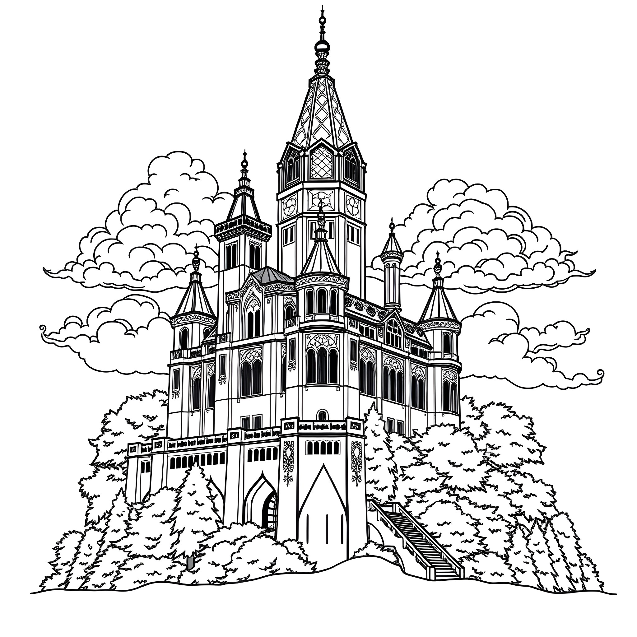 Castle with Elegant Architectural Details Coloring Page (free black-and-white line drawing printable PDF for all, from beginners to advanced learners, including children, teens, adults, and seniors)