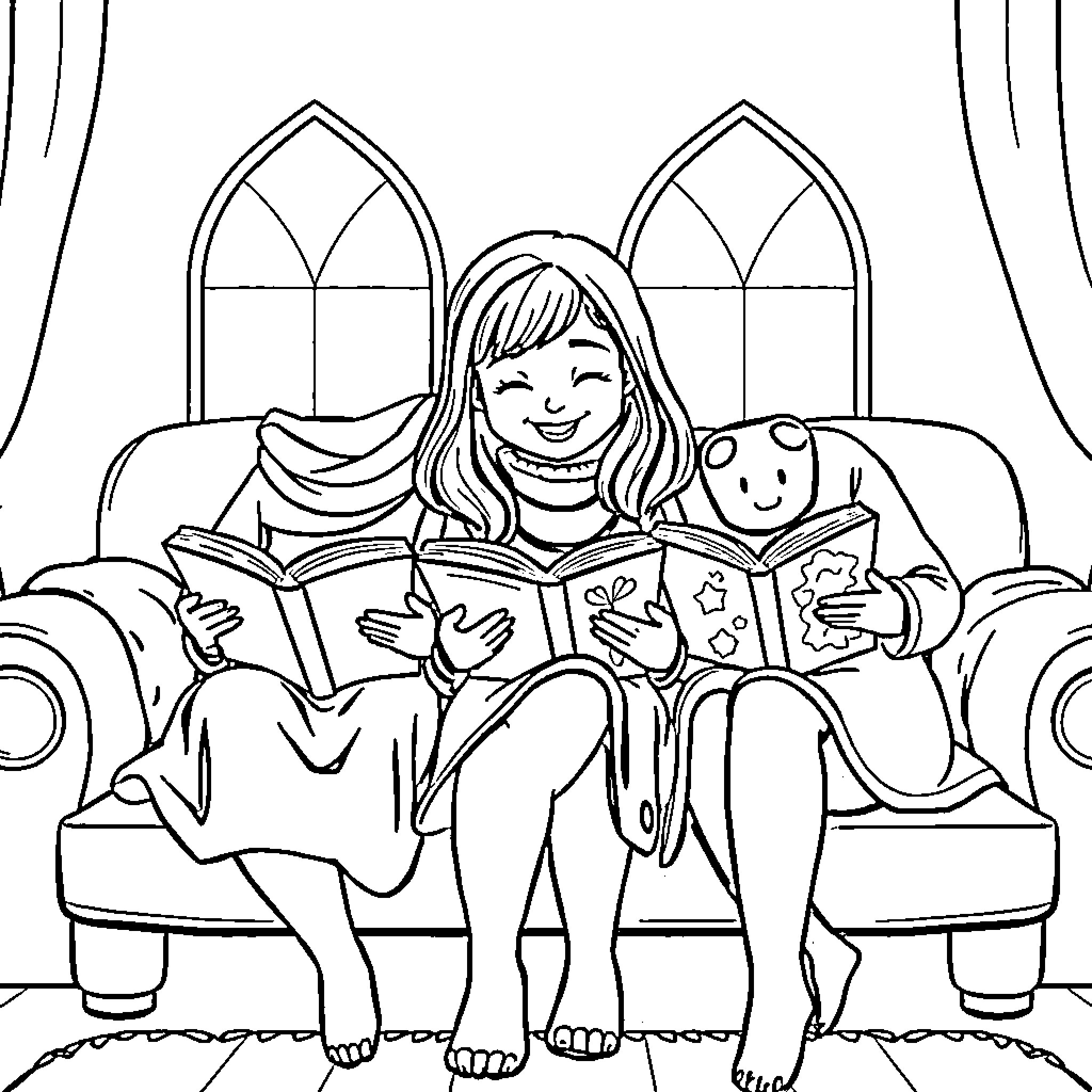Reader enjoys storybook with stuffed friend Coloring Page (free black-and-white line drawing printable PDF for all, from beginners to advanced learners, including children, teens, adults, and seniors)