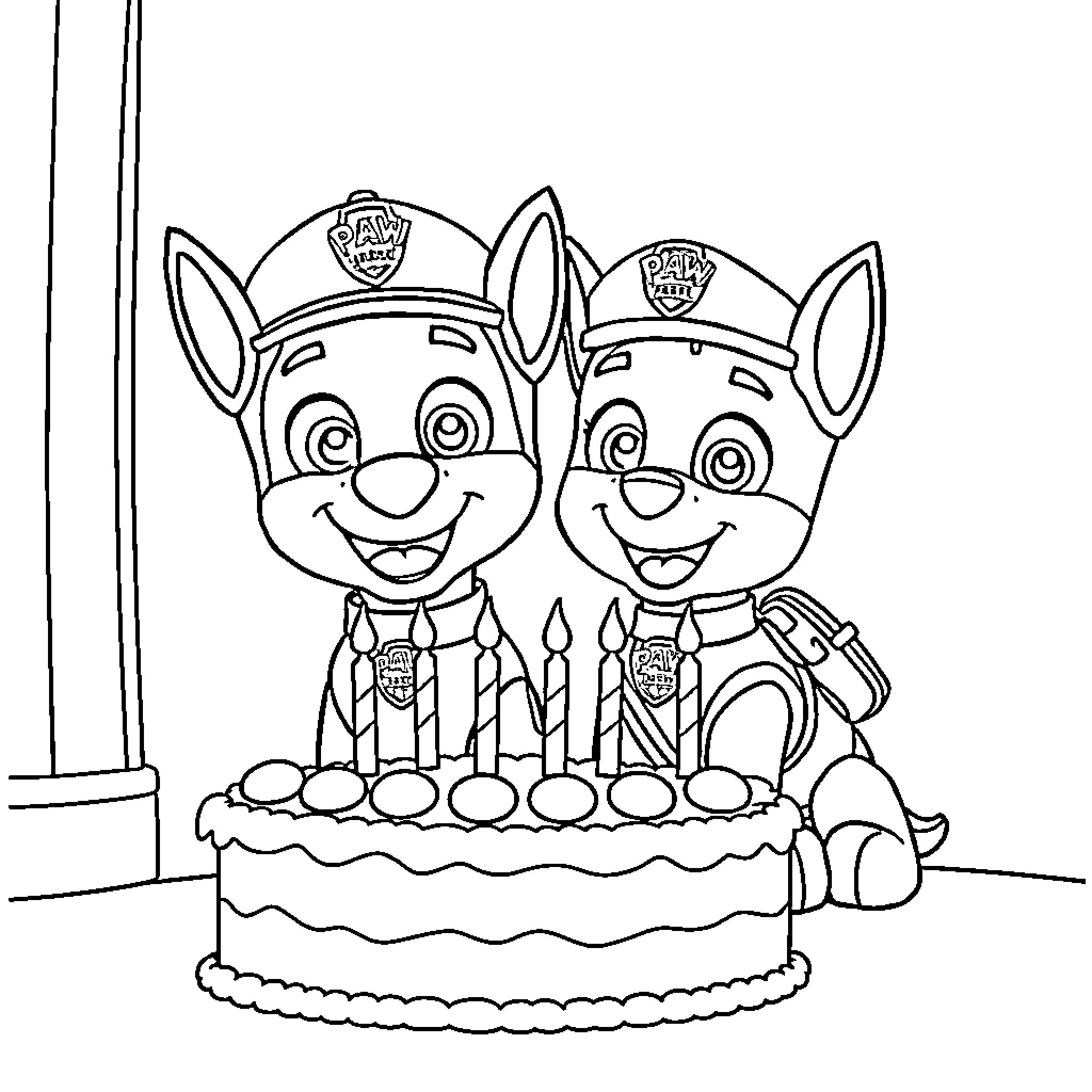Paw Patrol Celebrating Birthday Party Coloring Page (free black-and-white line drawing printable PDF for all, from beginners to advanced learners, including children, teens, adults, and seniors)
