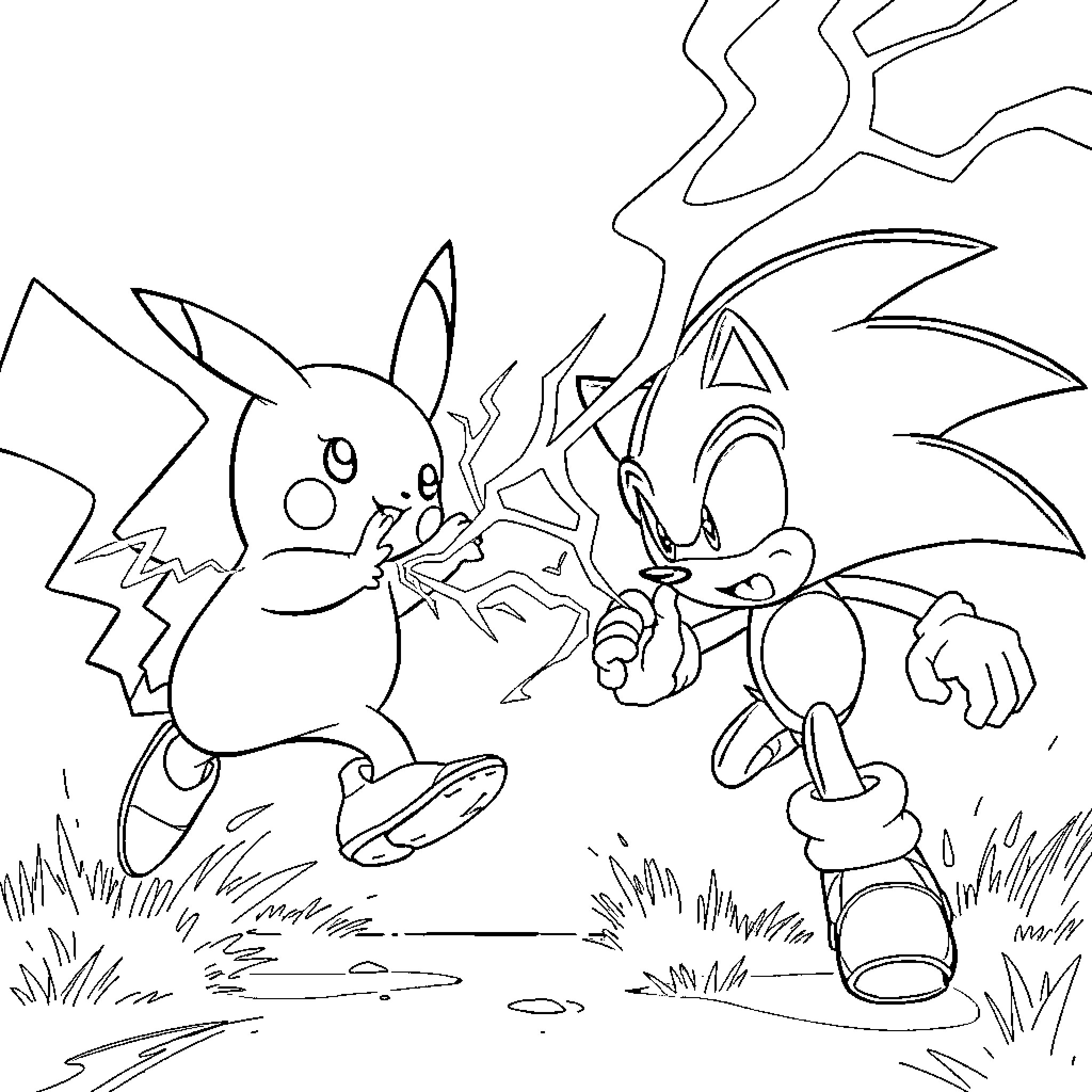 Pikachu playing with Sonic the Hedgehog in the field Coloring Page (free black-and-white line drawing printable PDF for all, from beginners to advanced learners, including children, teens, adults, and seniors)