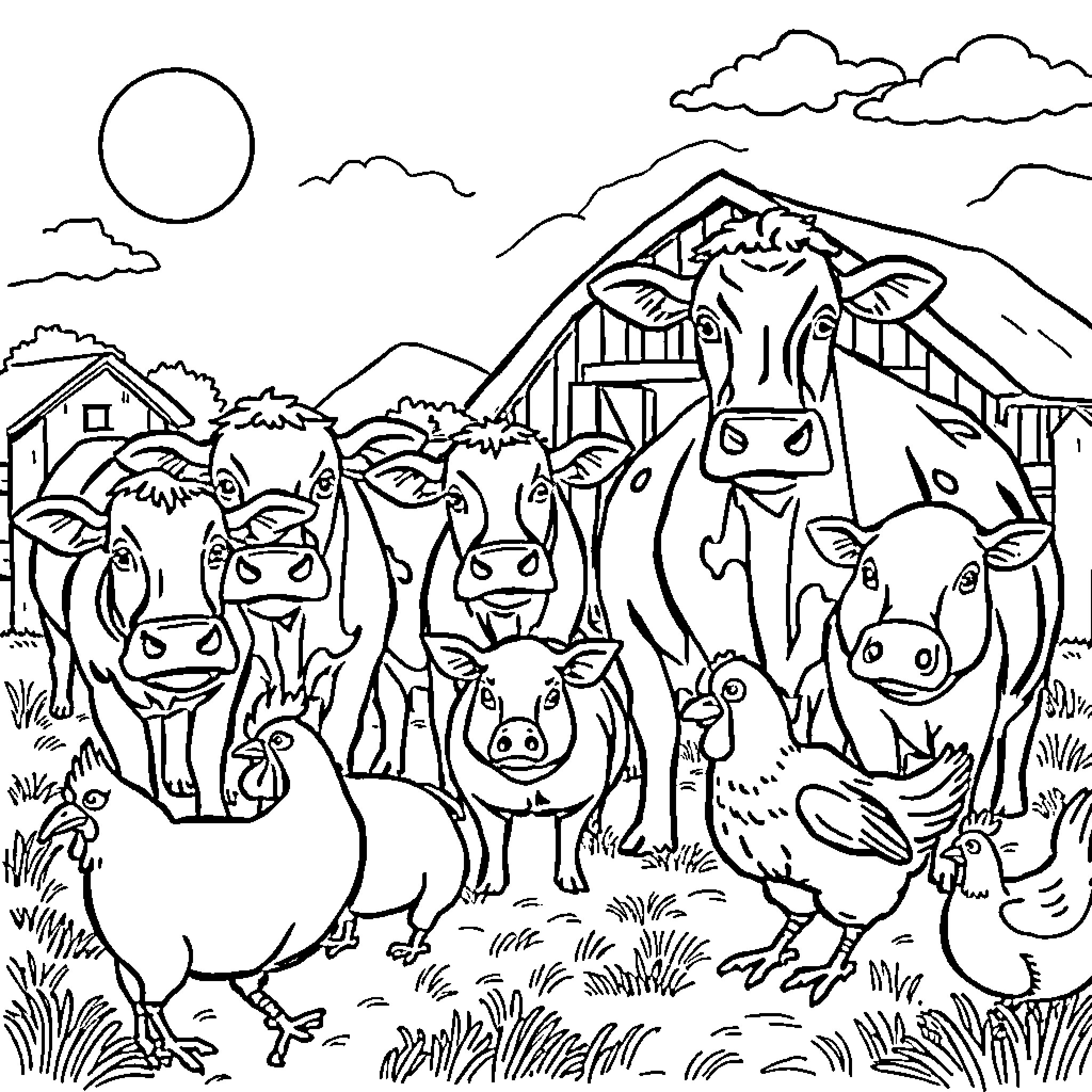 Animal Farm Inhabitants Gathered Outside Barn Coloring Page (free black-and-white line drawing printable PDF for all, from beginners to advanced learners, including children, teens, adults, and seniors)