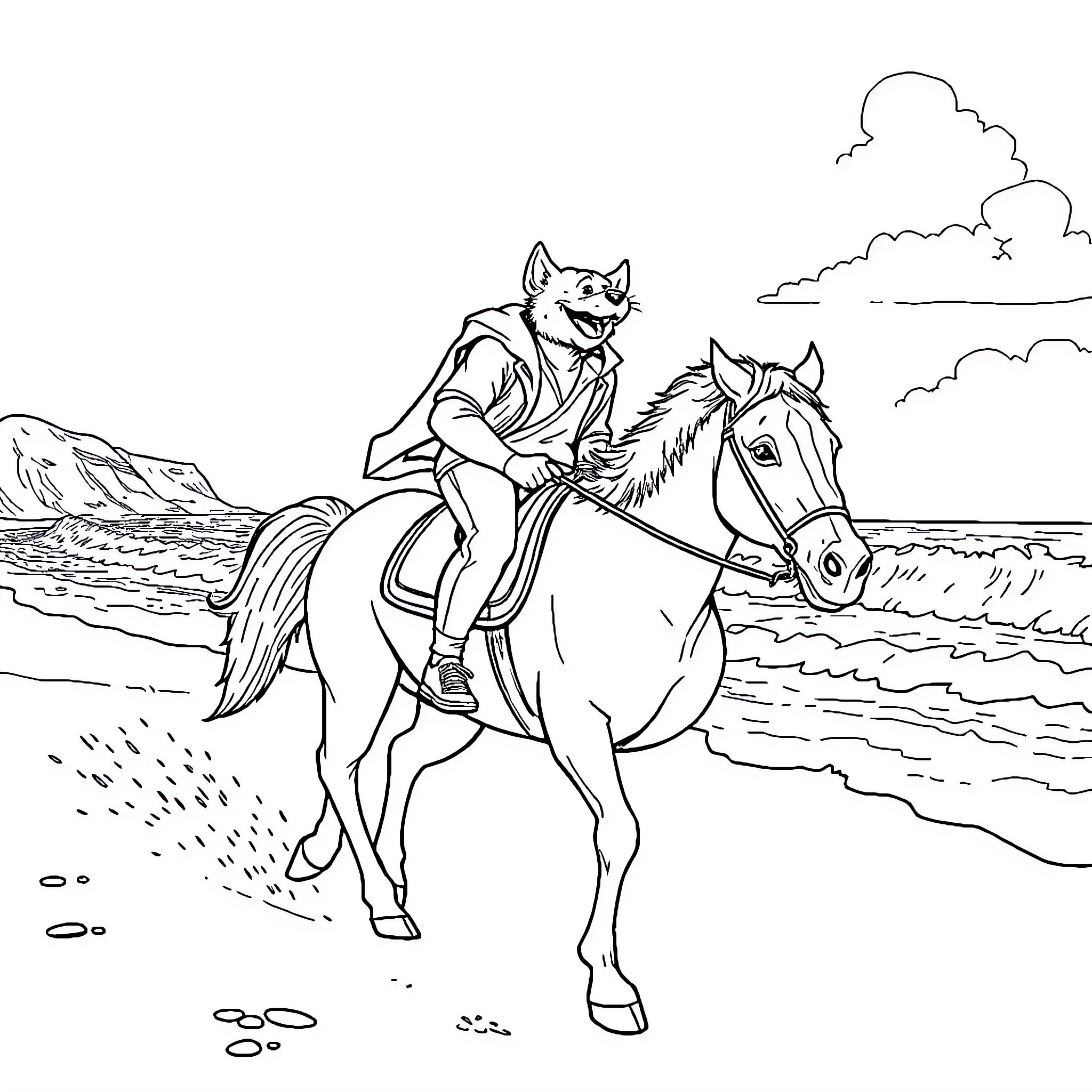 Dogman riding horse along beach Coloring Page (free black-and-white line drawing printable PDF for all, from beginners to advanced learners, including children, teens, adults, and seniors)