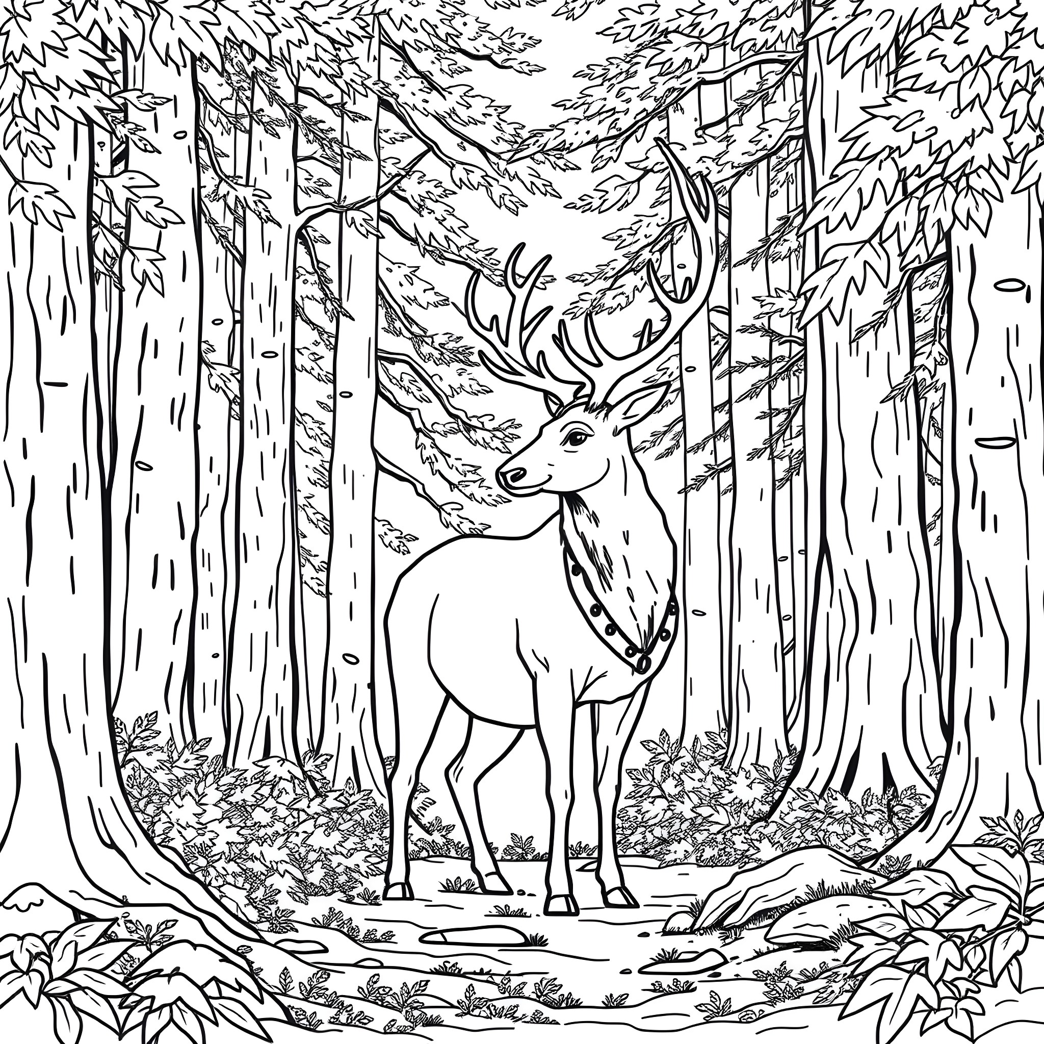 Reindeer Standing Calmly in the Enchanted Forest Coloring Page (free black-and-white line drawing printable PDF for all, from beginners to advanced learners, including children, teens, adults, and seniors)