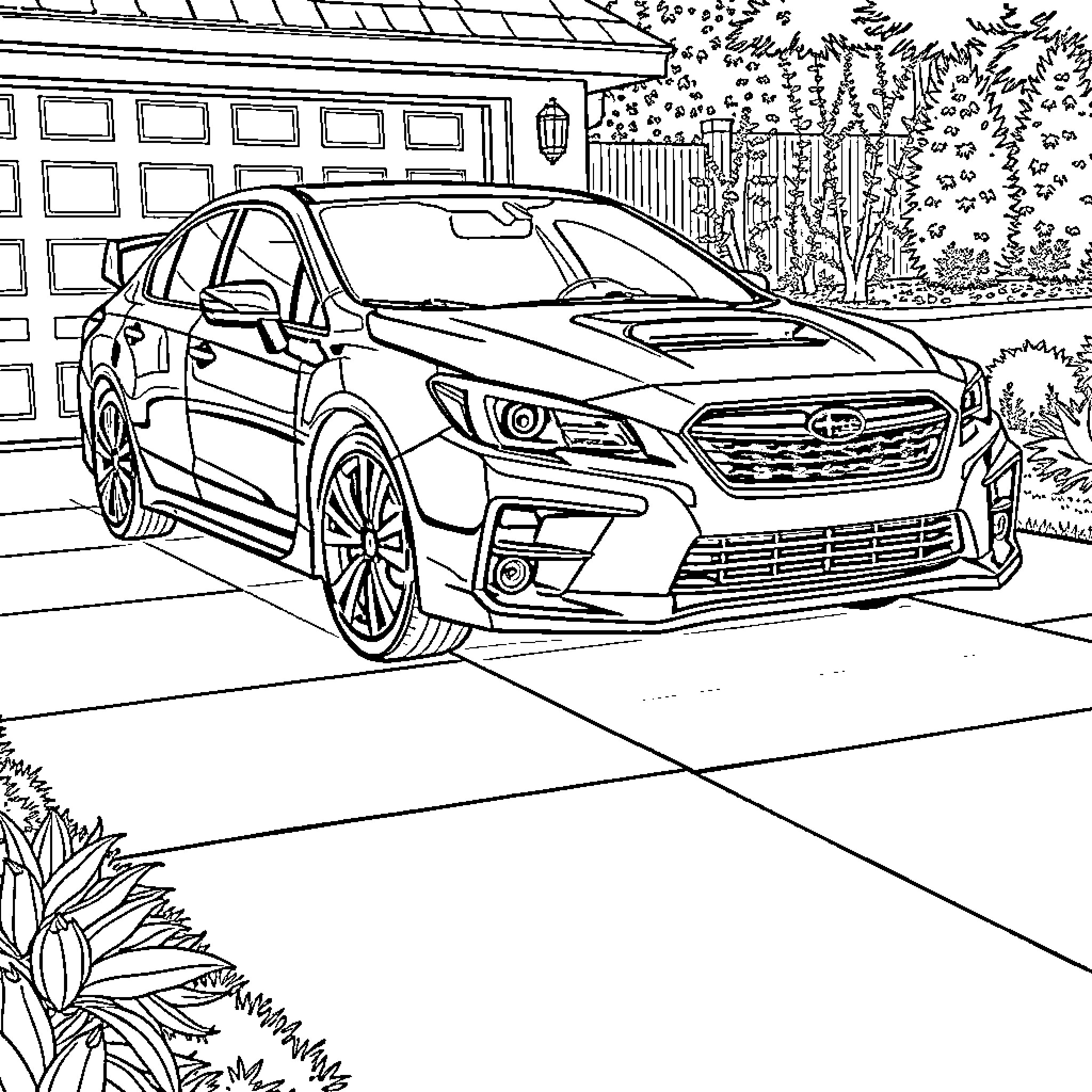 Subaru Legacy parked in driveway Coloring Page (free black-and-white line drawing printable PDF for all, from beginners to advanced learners, including children, teens, adults, and seniors)