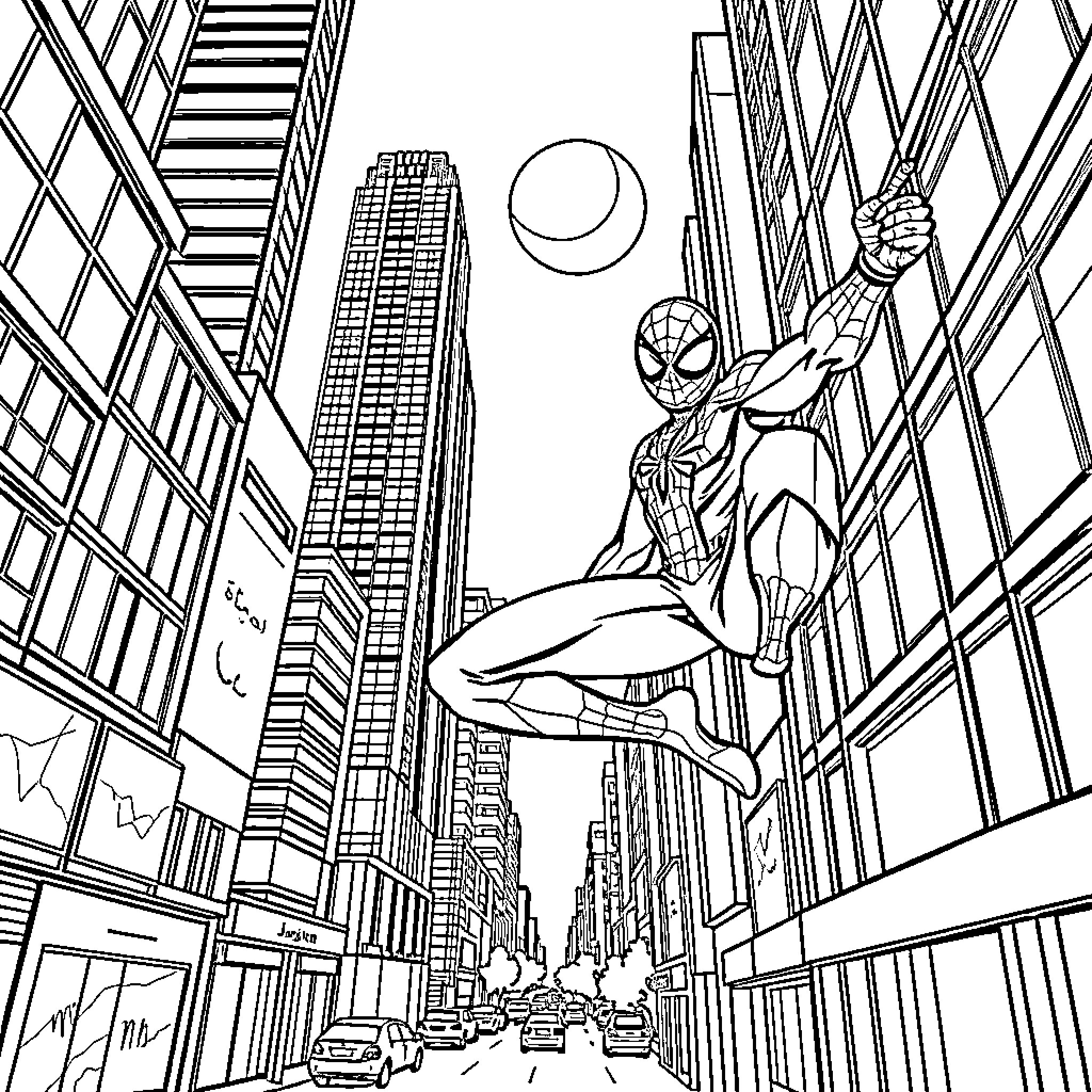 Spiderman swinging high above the city streets Coloring Page (free black-and-white line drawing printable PDF for all, from beginners to advanced learners, including children, teens, adults, and seniors)