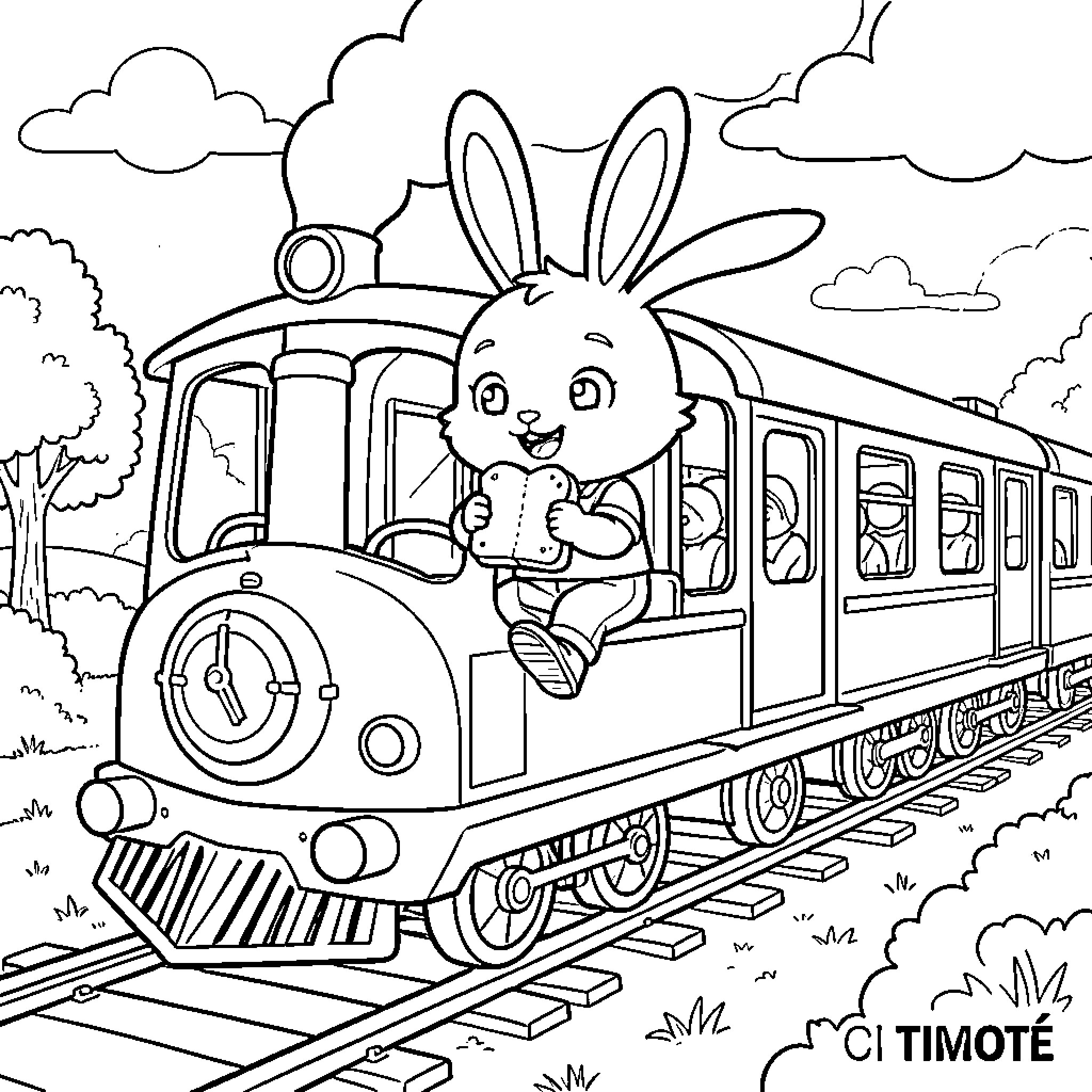 Lapin sitting on a train enjoying a snack Coloring Page (free black-and-white line drawing printable PDF for all, from beginners to advanced learners, including children, teens, adults, and seniors)
