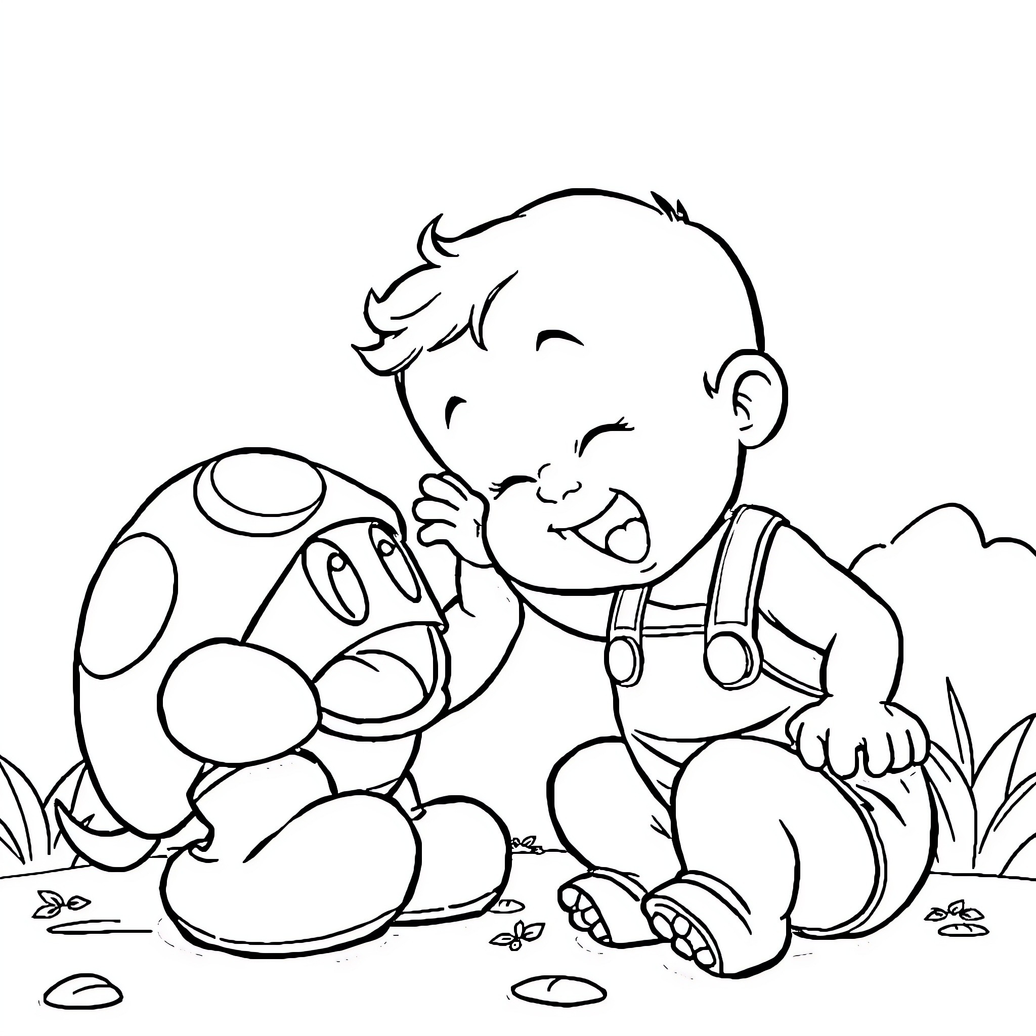 Baby playing happily with toys in the park Coloring Page (free black-and-white line drawing printable PDF for all, from beginners to advanced learners, including children, teens, adults, and seniors)