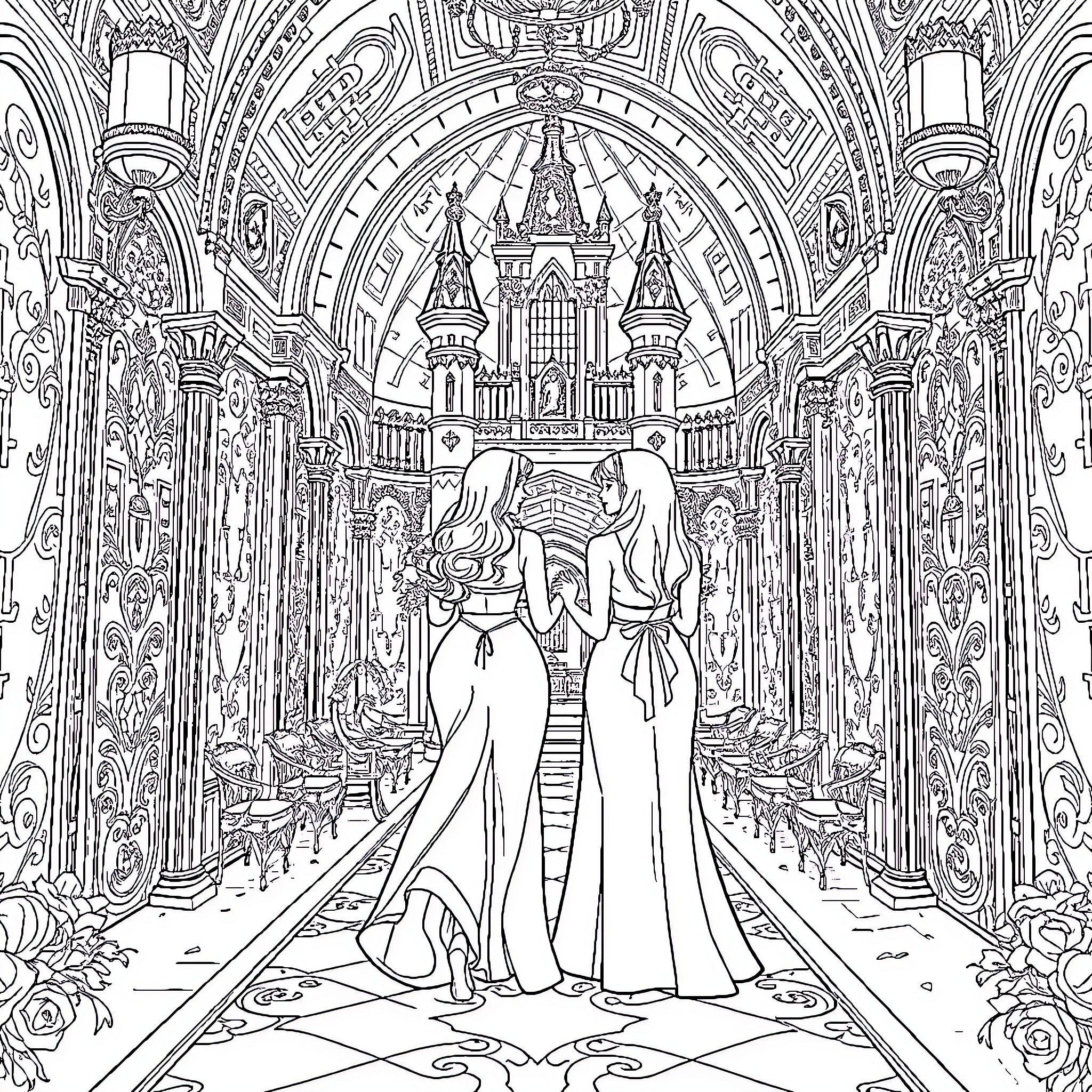 Woman in elegant gowns walking through ornate cathedral Coloring Page (free black-and-white line drawing printable PDF for all, from beginners to advanced learners, including children, teens, adults, and seniors)