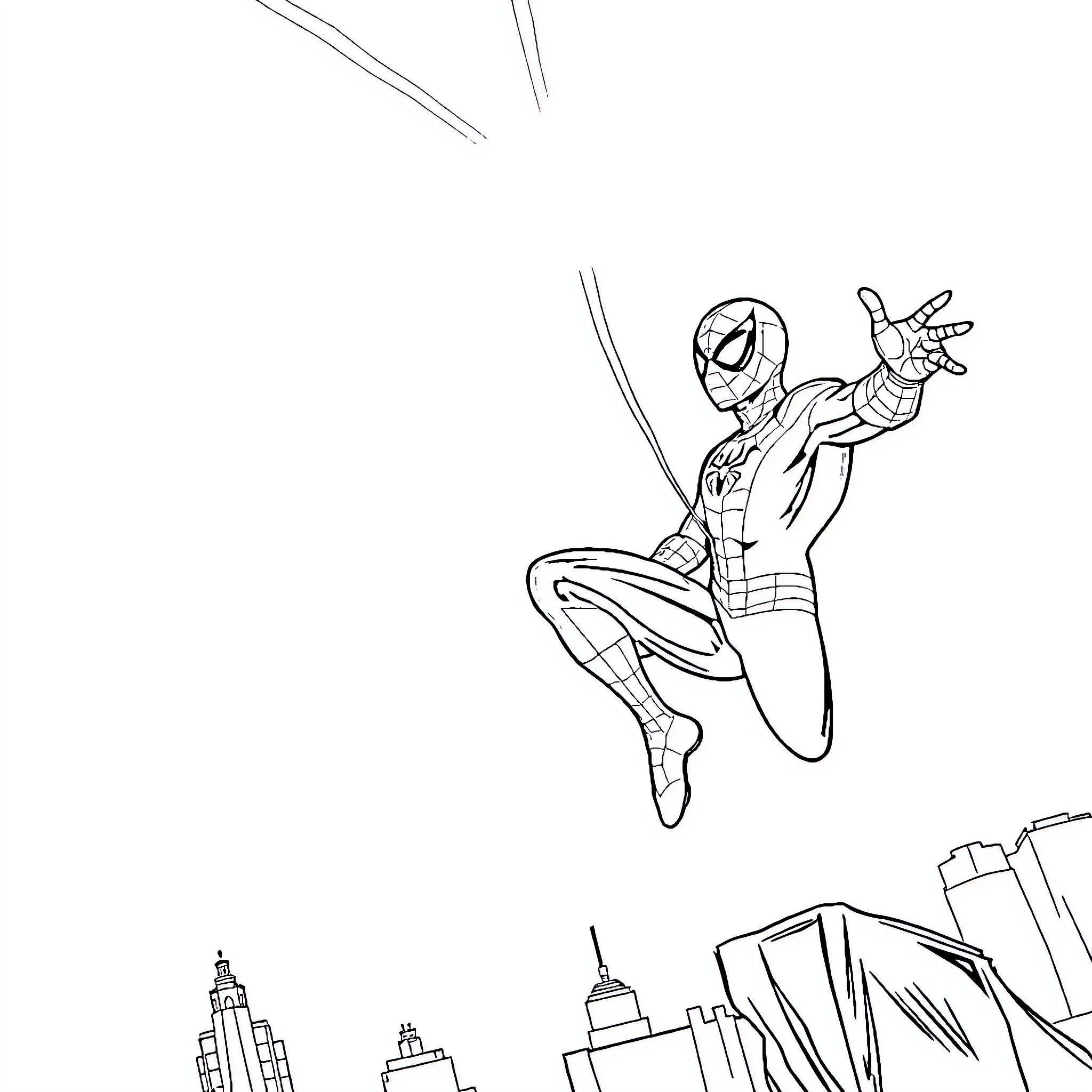 Spiderman swinging through the city skyline Coloring Page (free black-and-white line drawing printable PDF for all, from beginners to advanced learners, including children, teens, adults, and seniors)
